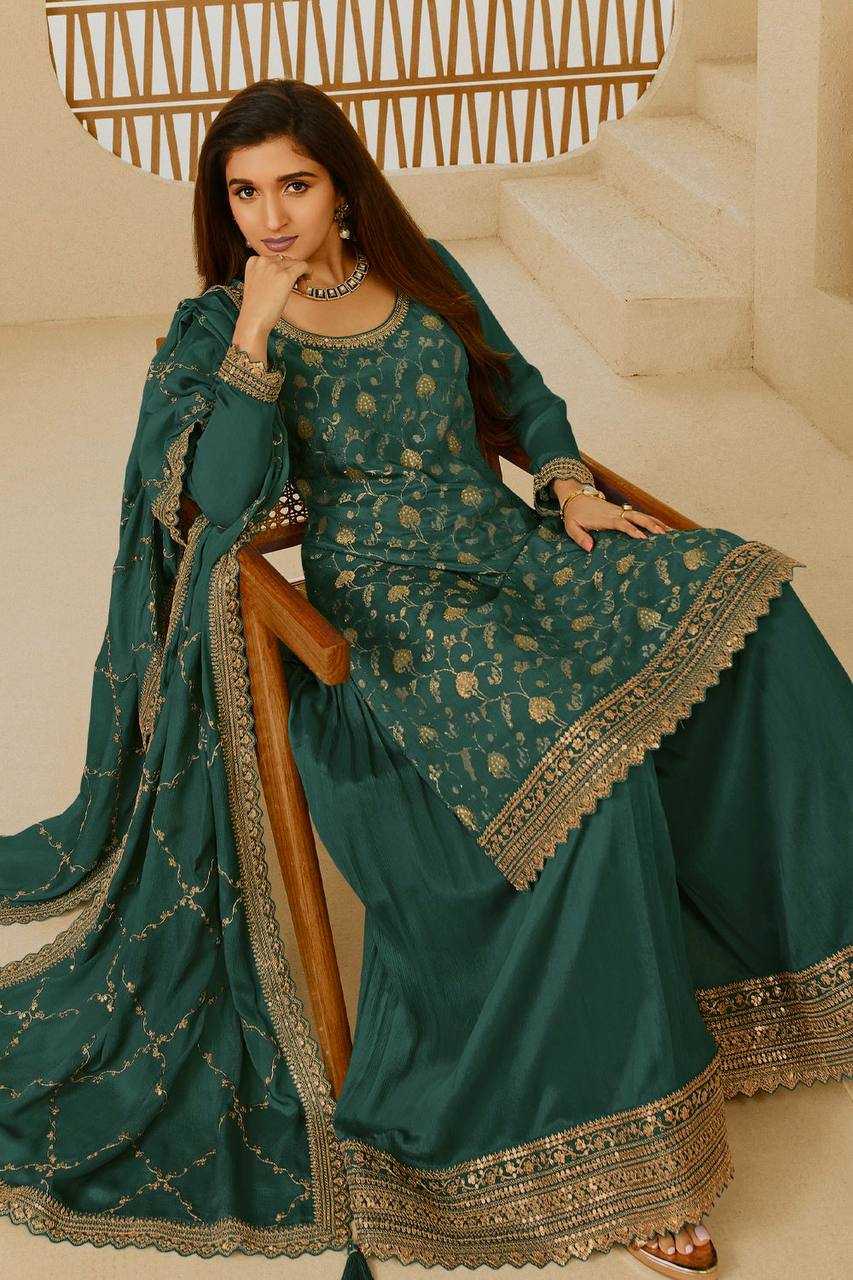 YNF CHINON SILK KESH228 572 SUITS & DRESSES PALAZZO EMBROPIDERY WEDDING GREEN SALWAR SUITS MANUFACTUR - Deevit International