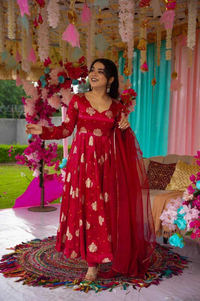 YNF CHINON SILK KESH232 1447 GOWNS WHOLESALE RED ANARAKLI FULL PRINTED WEDDING GOWNS MANUFACTURER - Deevit International