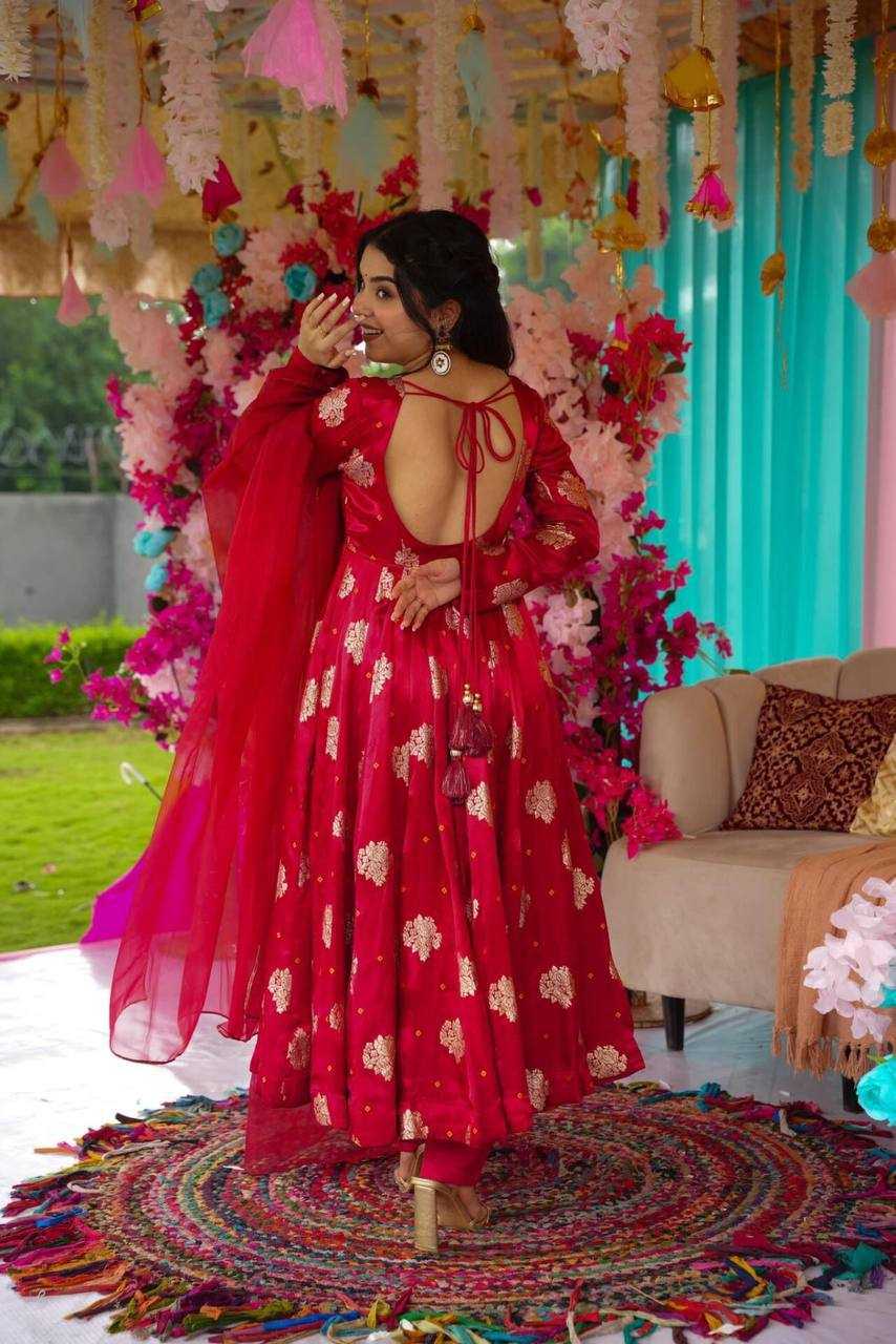 YNF CHINON SILK KESH232 1447 GOWNS WHOLESALE RED ANARAKLI FULL PRINTED WEDDING GOWNS MANUFACTURER - Deevit International