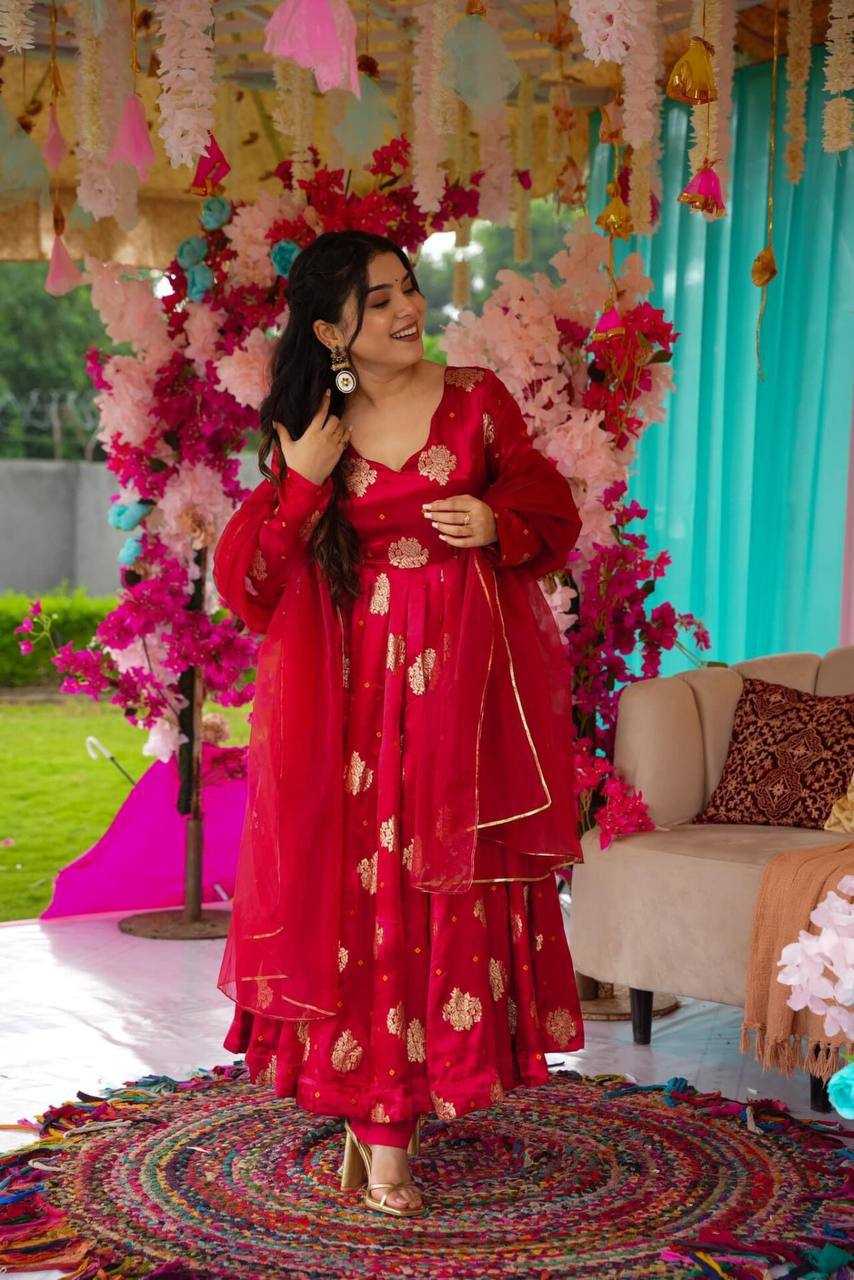 YNF CHINON SILK KESH232 1447 GOWNS WHOLESALE RED ANARAKLI FULL PRINTED WEDDING GOWNS MANUFACTURER - Deevit International