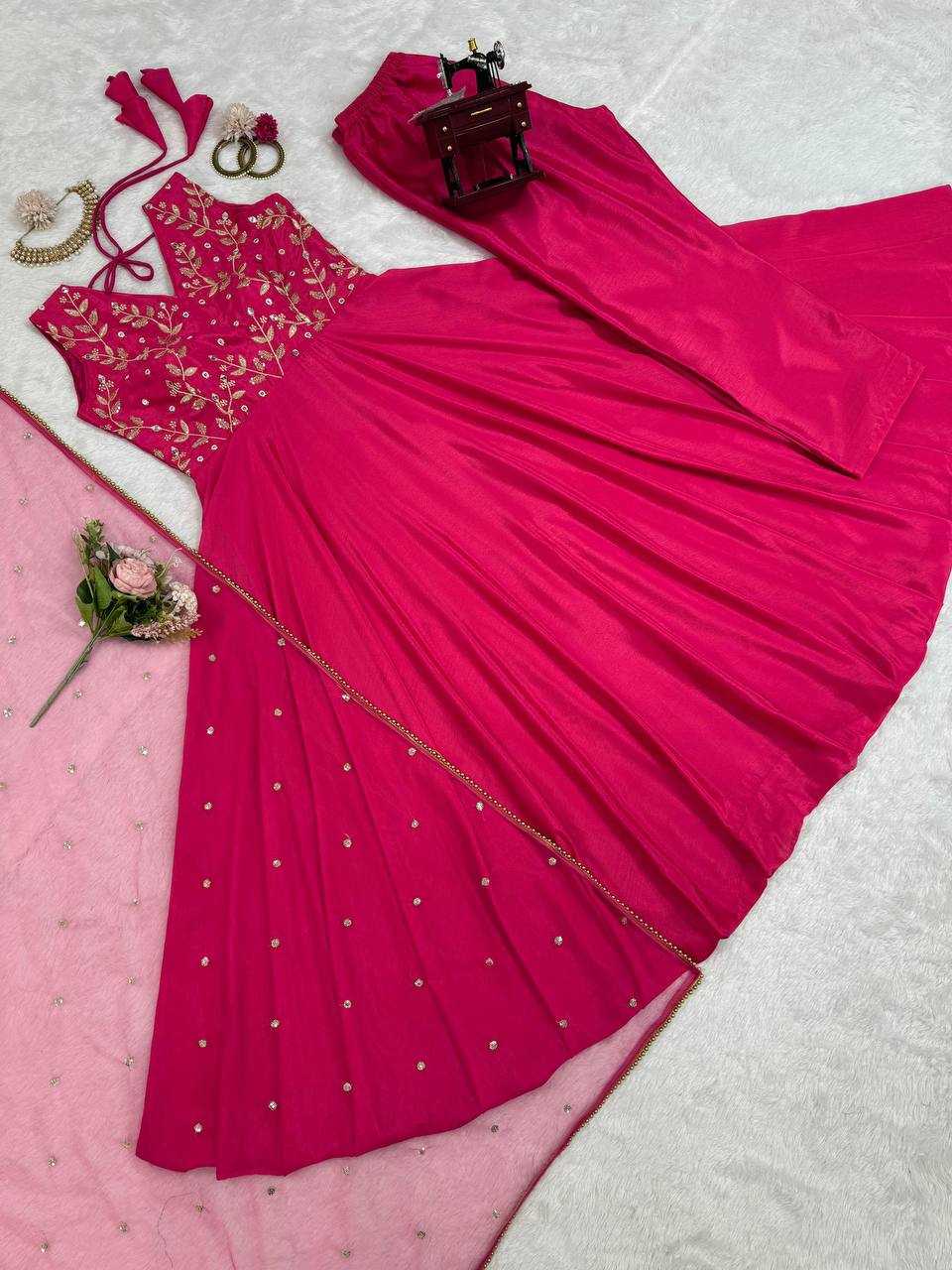 YNF CHINON SILK RIN169 5780 GOWNS WHOLESALE FANCY LONG SILK SEQUIN GOWNS WITH DUPATTA MANUFACTURER - Deevit International