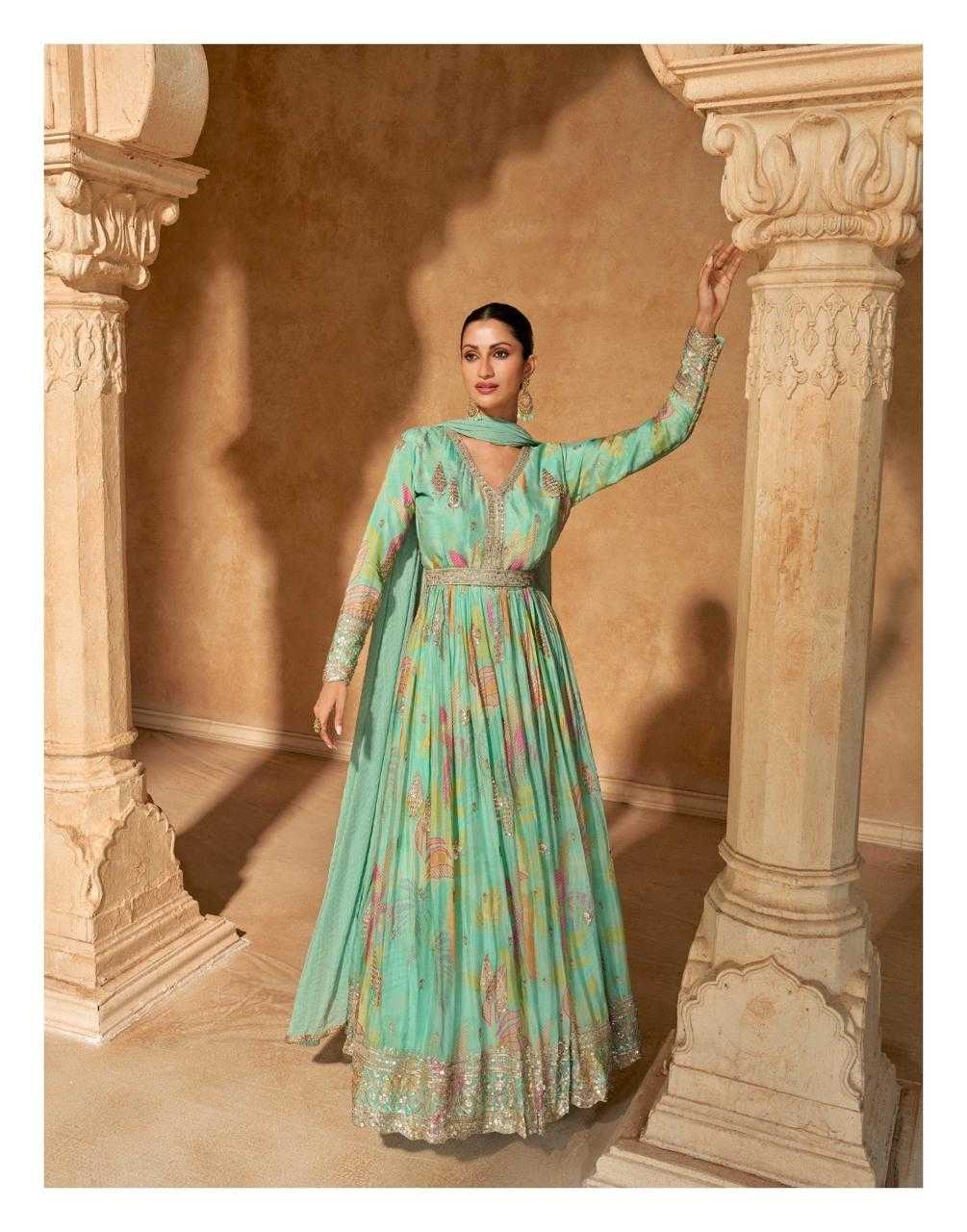 YNF CHINON SILK SAYURI KESH235 SAANJ CLOTHING BRANDS WHOLESALE GOWNS MANUFACTURER - Deevit International