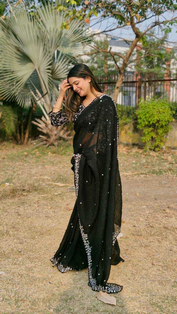 YNF CRUSH SILK RIN114 5050SAREES WHOLESALE SEQUENCE EMBRODERY BLACK PARTY WEAR SAREES MANUFACTURER - Deevit International