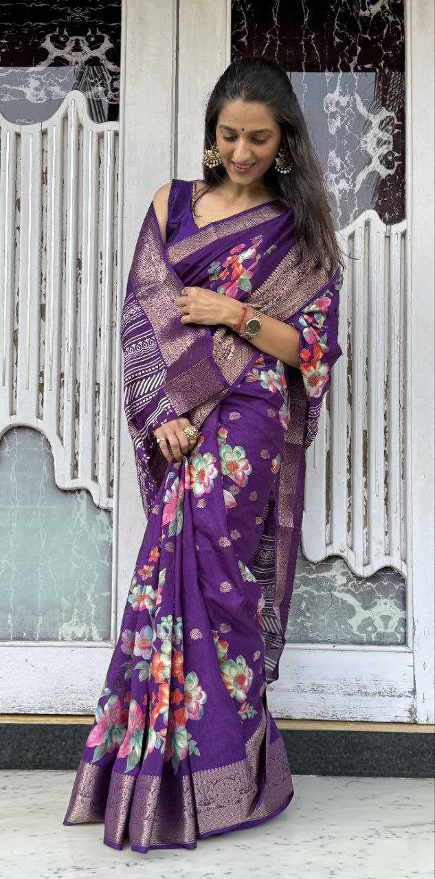 YNF DOLA SILK KESH117 RWC36 SILK SAREES WHOLESALE DOLA SILK ZARI BORDER SILK PRINTED PURPLE SILK SAREES MANUFACTURER - Deevit International