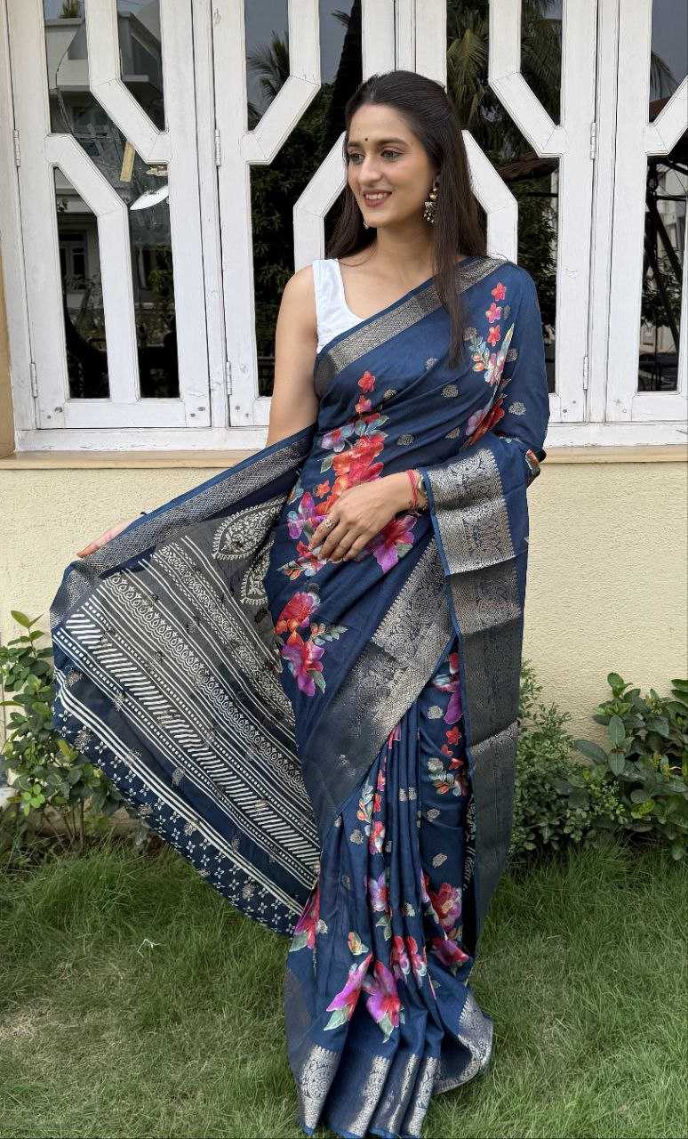 YNF DOLA SILK KESH117 RWC45 SILK SAREES WHOLESALE DOLA SILK ZARI BORDER SILK PRINTED BLUE SILK SAREES MANUFACTURER - Deevit International