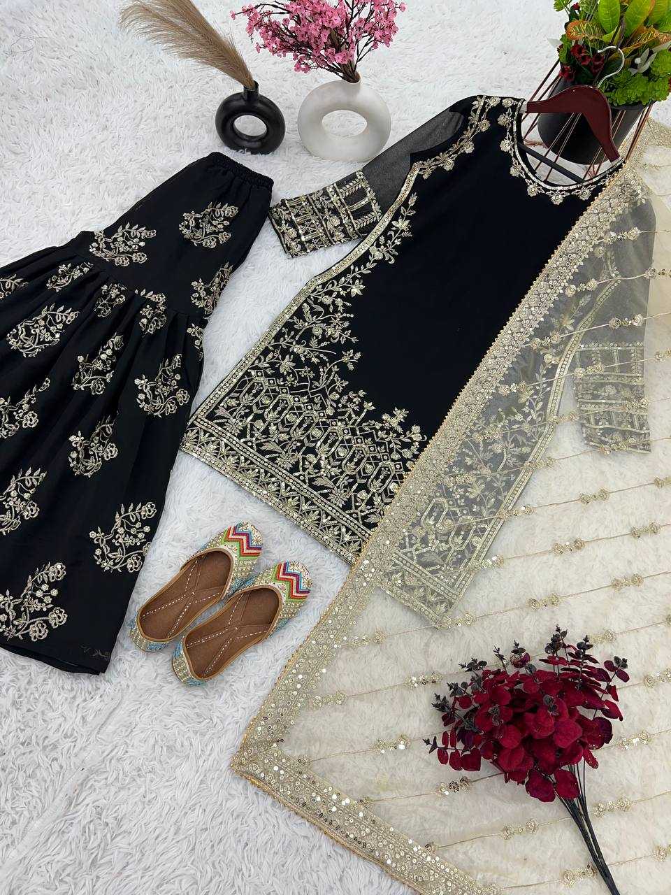 YNF FAUX GEORGETTE KESH125 1150 SUITS & DRESSES SHARARA SALWAR EMBROIDERY GEORGETTE BLACK SUITS MANUFACTUR - Deevit International