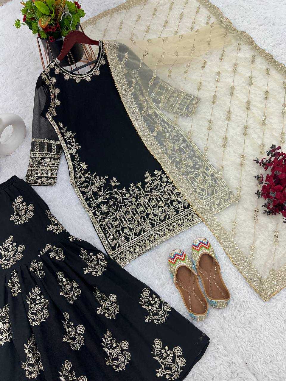 YNF FAUX GEORGETTE KESH125 1150 SUITS & DRESSES SHARARA SALWAR EMBROIDERY GEORGETTE BLACK SUITS MANUFACTUR - Deevit International