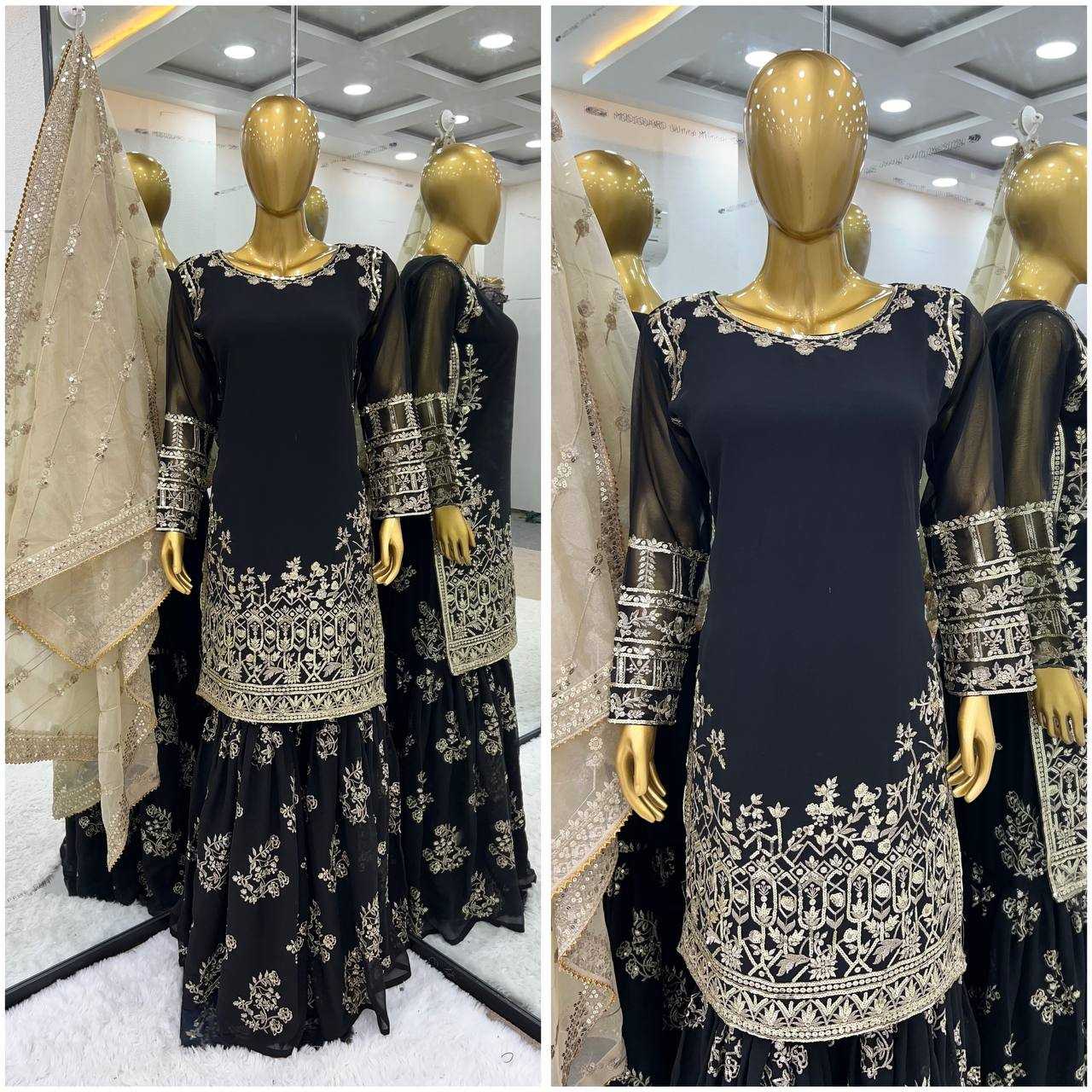 YNF FAUX GEORGETTE KESH125 1150 SUITS & DRESSES SHARARA SALWAR EMBROIDERY GEORGETTE BLACK SUITS MANUFACTUR - Deevit International