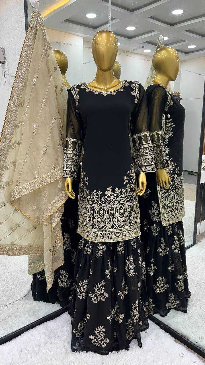 YNF FAUX GEORGETTE KESH125 1150 SUITS & DRESSES SHARARA SALWAR EMBROIDERY GEORGETTE BLACK SUITS MANUFACTUR - Deevit International