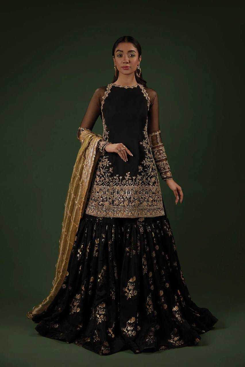 YNF FAUX GEORGETTE KESH125 1150 SUITS & DRESSES SHARARA SALWAR EMBROIDERY GEORGETTE BLACK SUITS MANUFACTUR - Deevit International