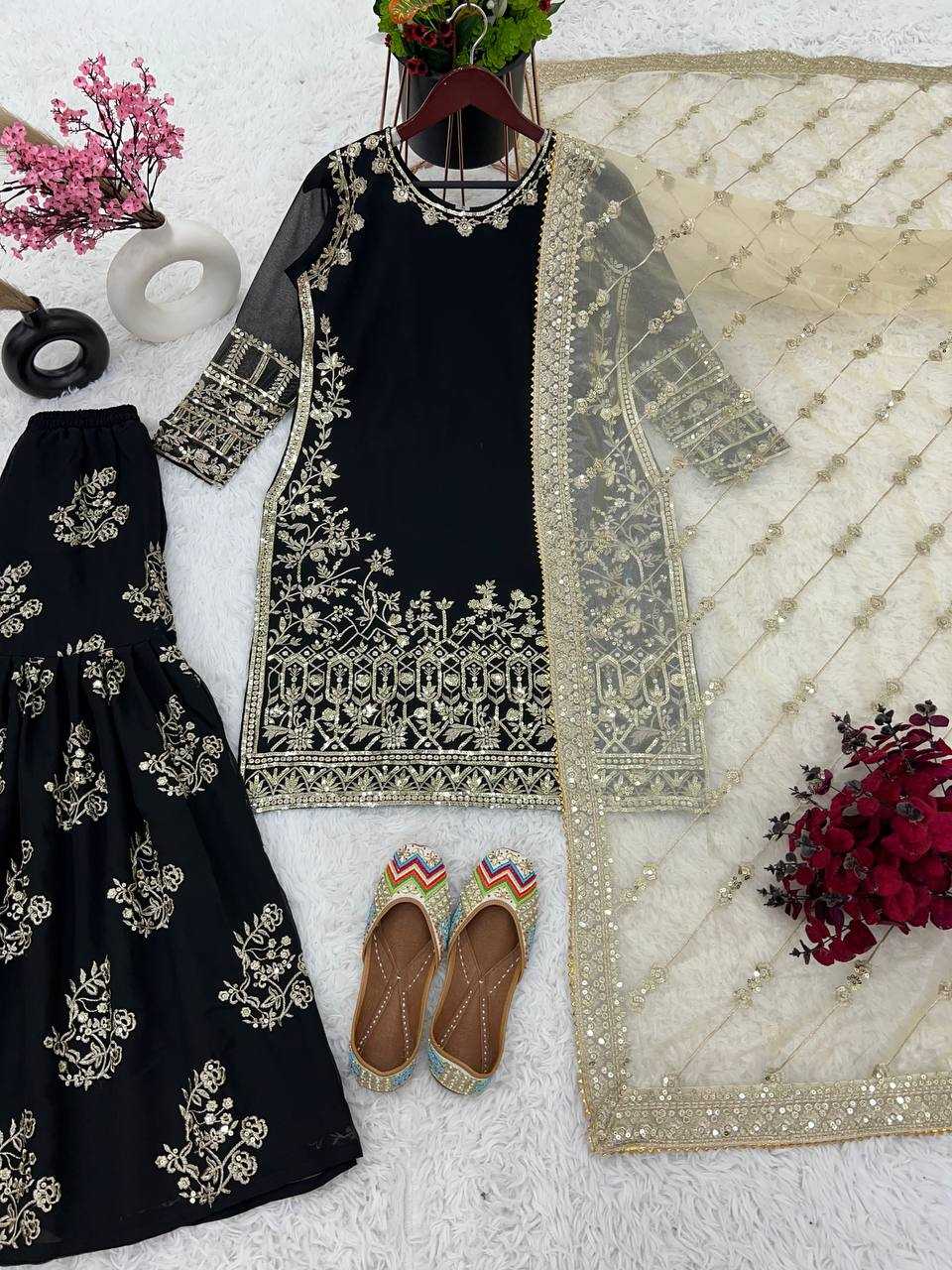 YNF FAUX GEORGETTE KESH125 1150 SUITS & DRESSES SHARARA SALWAR EMBROIDERY GEORGETTE BLACK SUITS MANUFACTUR - Deevit International