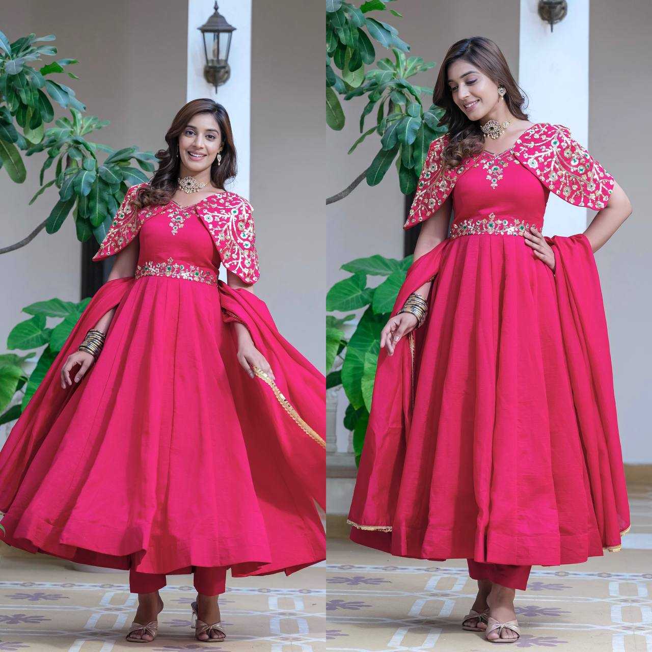 YNF FAUX GEORGETTE KESH143 440 GOWNS WHOLESALE WEDDING EMBROIDERY ANARKALI SILK PINK GOWNS MANUFACTURER - Deevit International