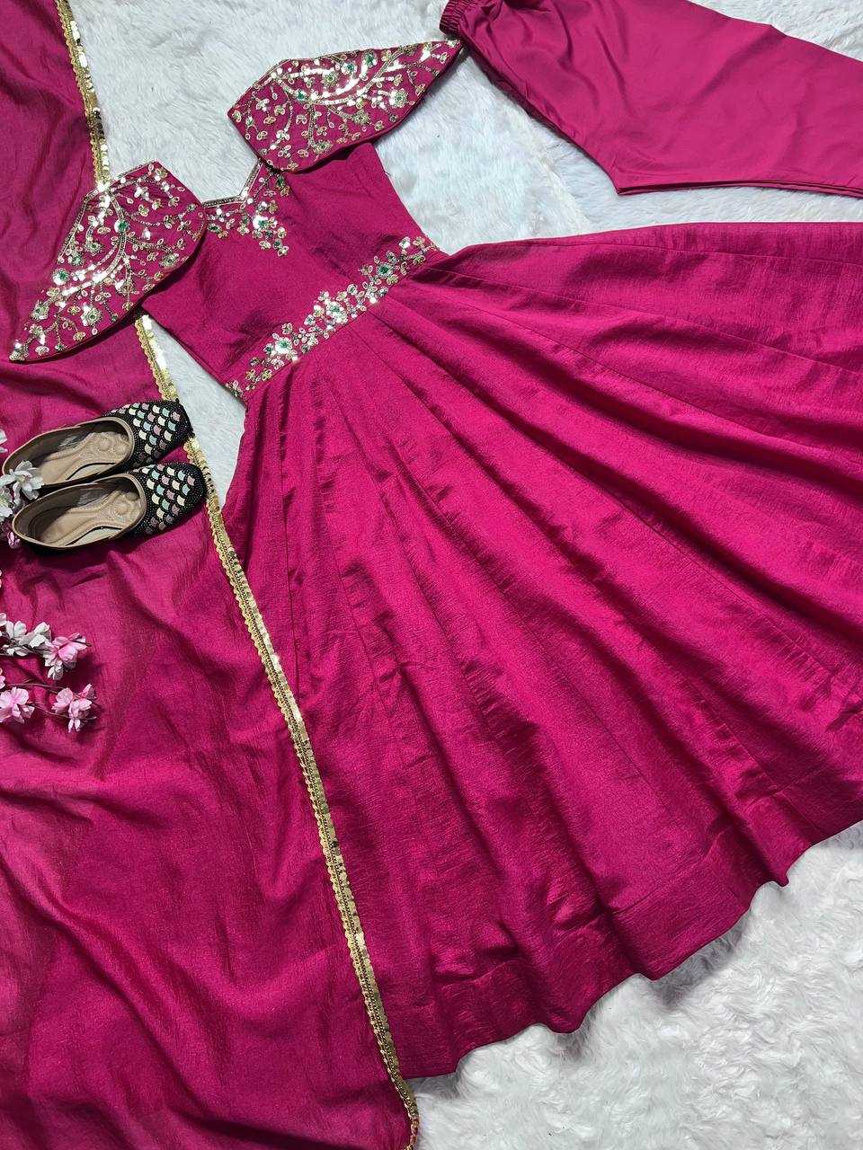 YNF FAUX GEORGETTE KESH143 440 GOWNS WHOLESALE WEDDING EMBROIDERY ANARKALI SILK PINK GOWNS MANUFACTURER - Deevit International