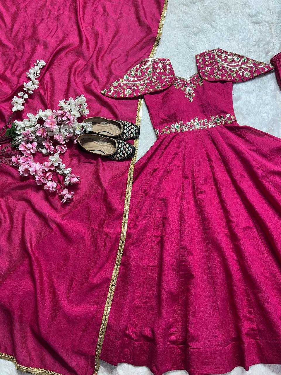 YNF FAUX GEORGETTE KESH143 440 GOWNS WHOLESALE WEDDING EMBROIDERY ANARKALI SILK PINK GOWNS MANUFACTURER - Deevit International