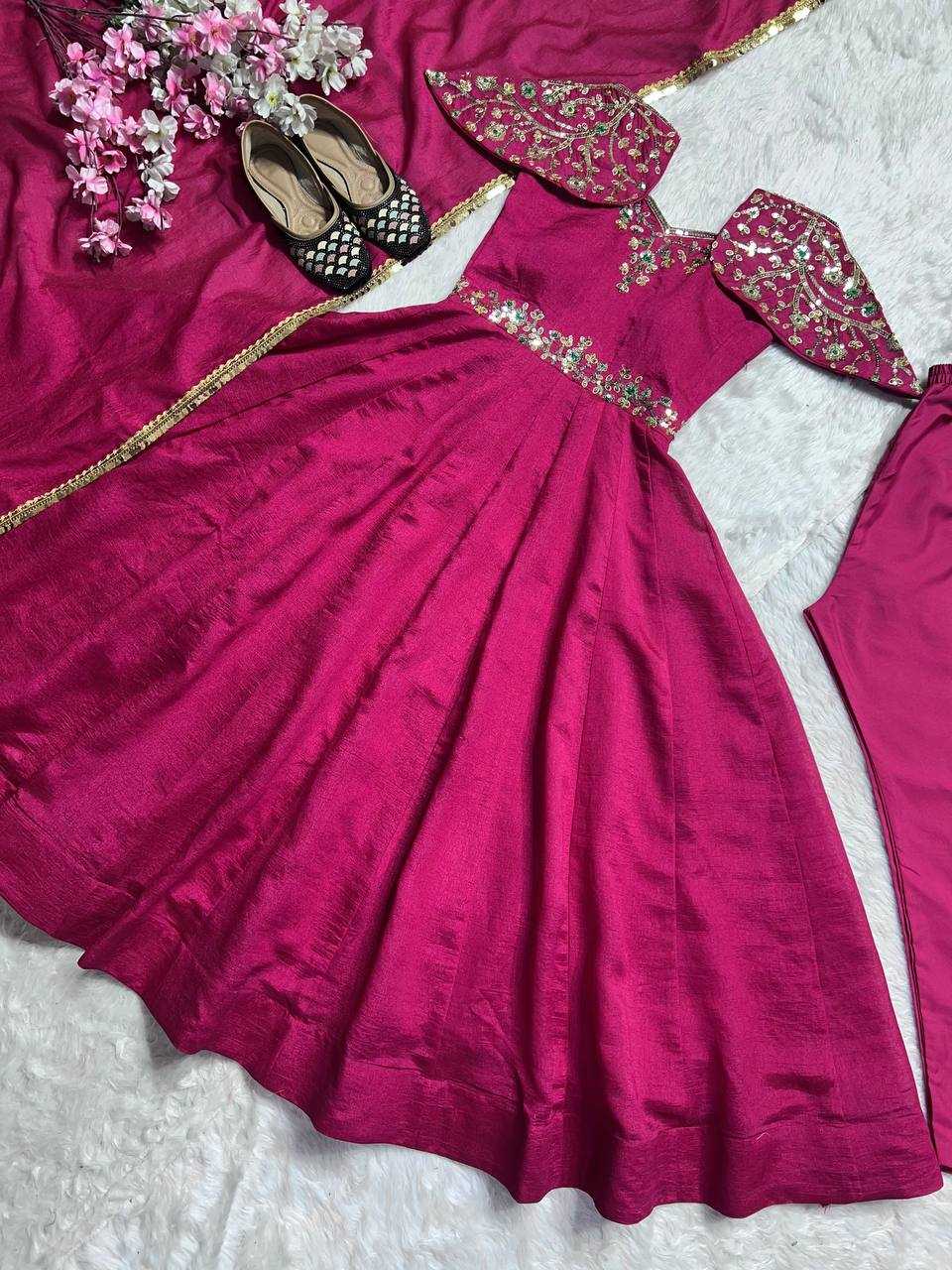 YNF FAUX GEORGETTE KESH143 440 GOWNS WHOLESALE WEDDING EMBROIDERY ANARKALI SILK PINK GOWNS MANUFACTURER - Deevit International