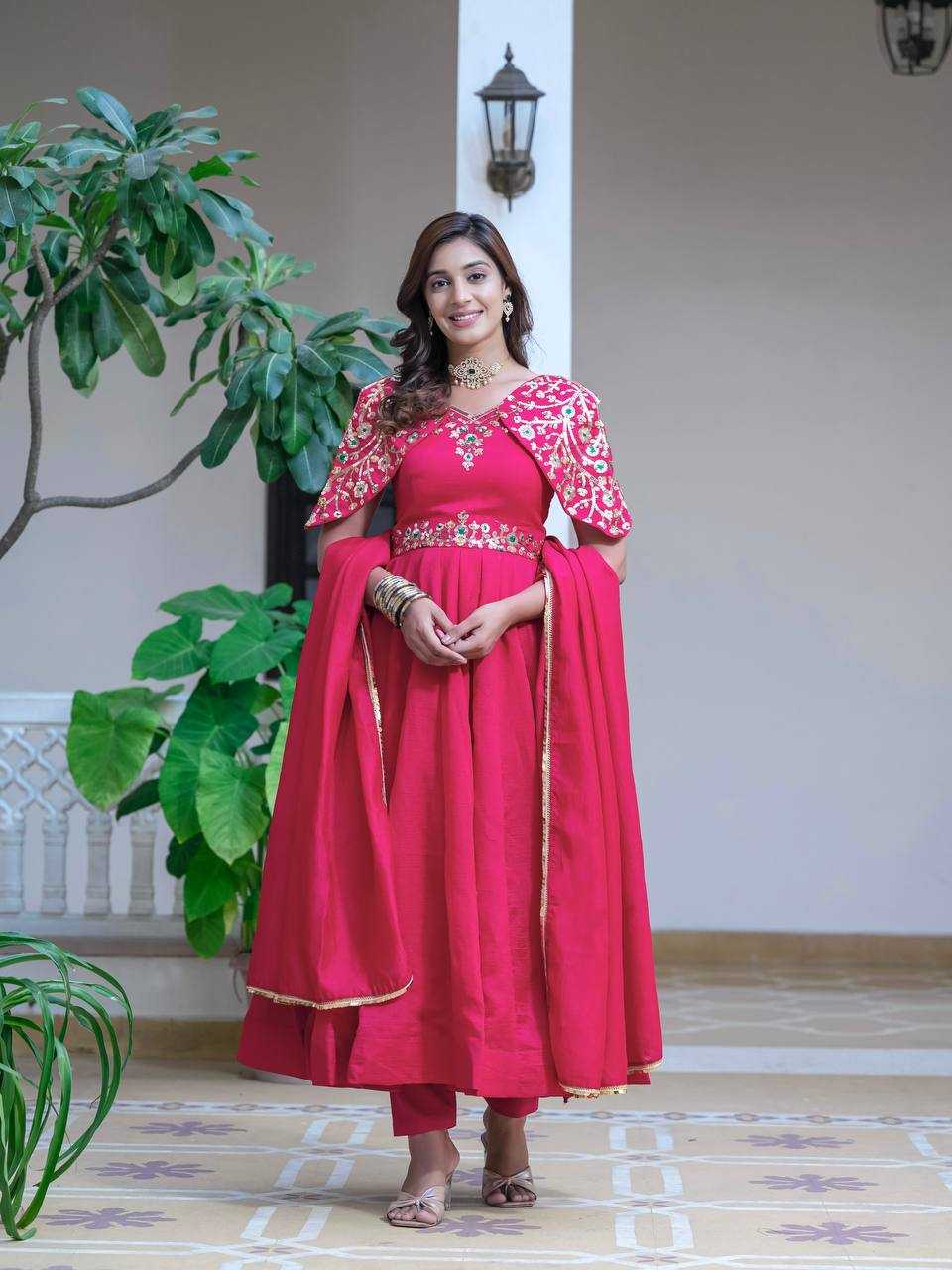 YNF FAUX GEORGETTE KESH143 440 GOWNS WHOLESALE WEDDING EMBROIDERY ANARKALI SILK PINK GOWNS MANUFACTURER - Deevit International