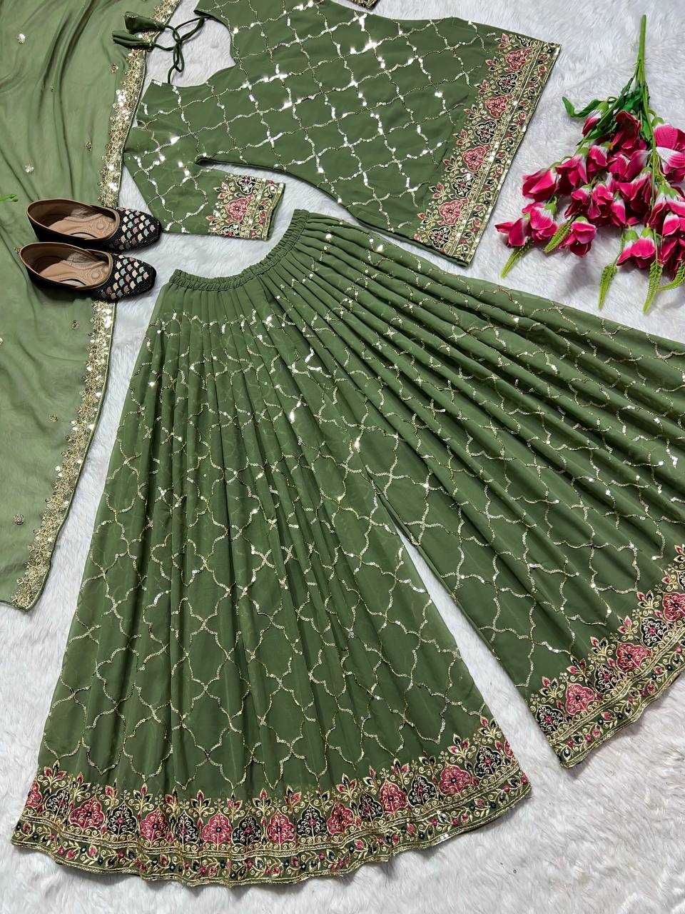 YNF FAUX GEORGETTE KESH144 5017 SUITS & DRESSES PALAZZO EMBROPIDERY GEORGETTE WEDDING MEHENDI OUTFITS SUITS MANUFACTURE - Deevit International