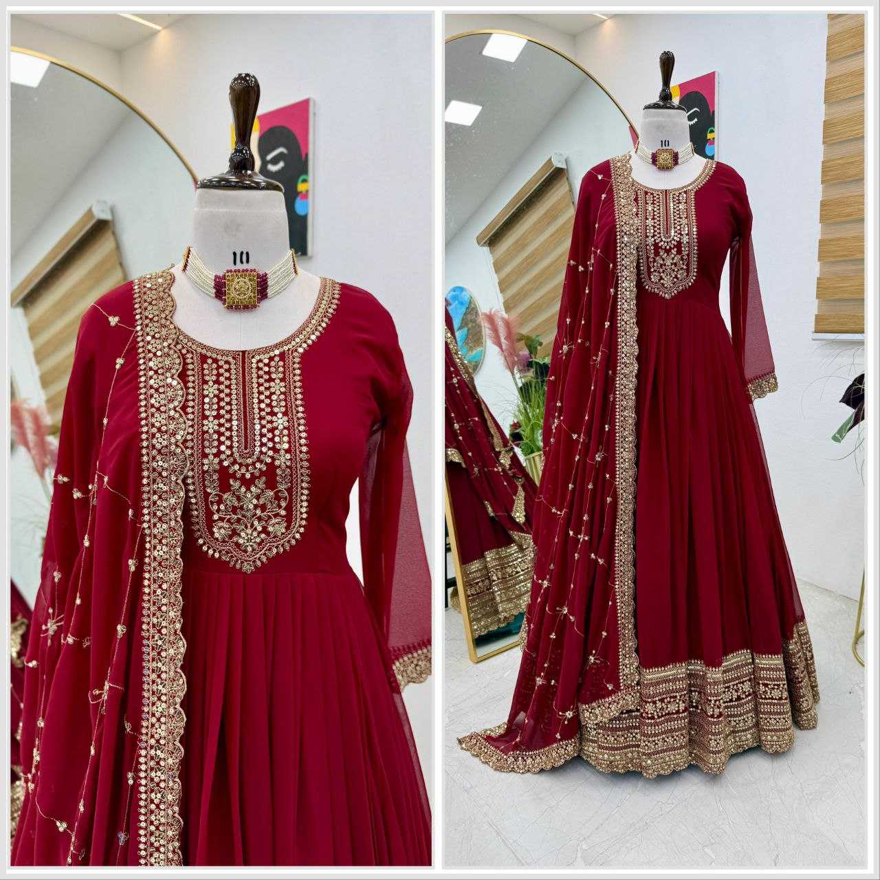 YNF FAUX GEORGETTE KESH158 5044 GOWNS WHOLESALE GEORGETTE EMBROIDERY RED WEDDING LONG GOWNS MANUFACTURE - Deevit International