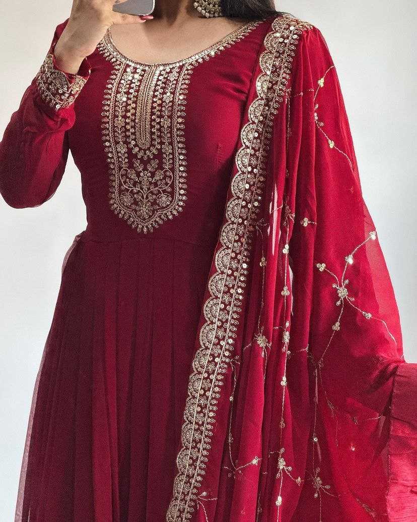 YNF FAUX GEORGETTE KESH158 5044 GOWNS WHOLESALE GEORGETTE EMBROIDERY RED WEDDING LONG GOWNS MANUFACTURE - Deevit International