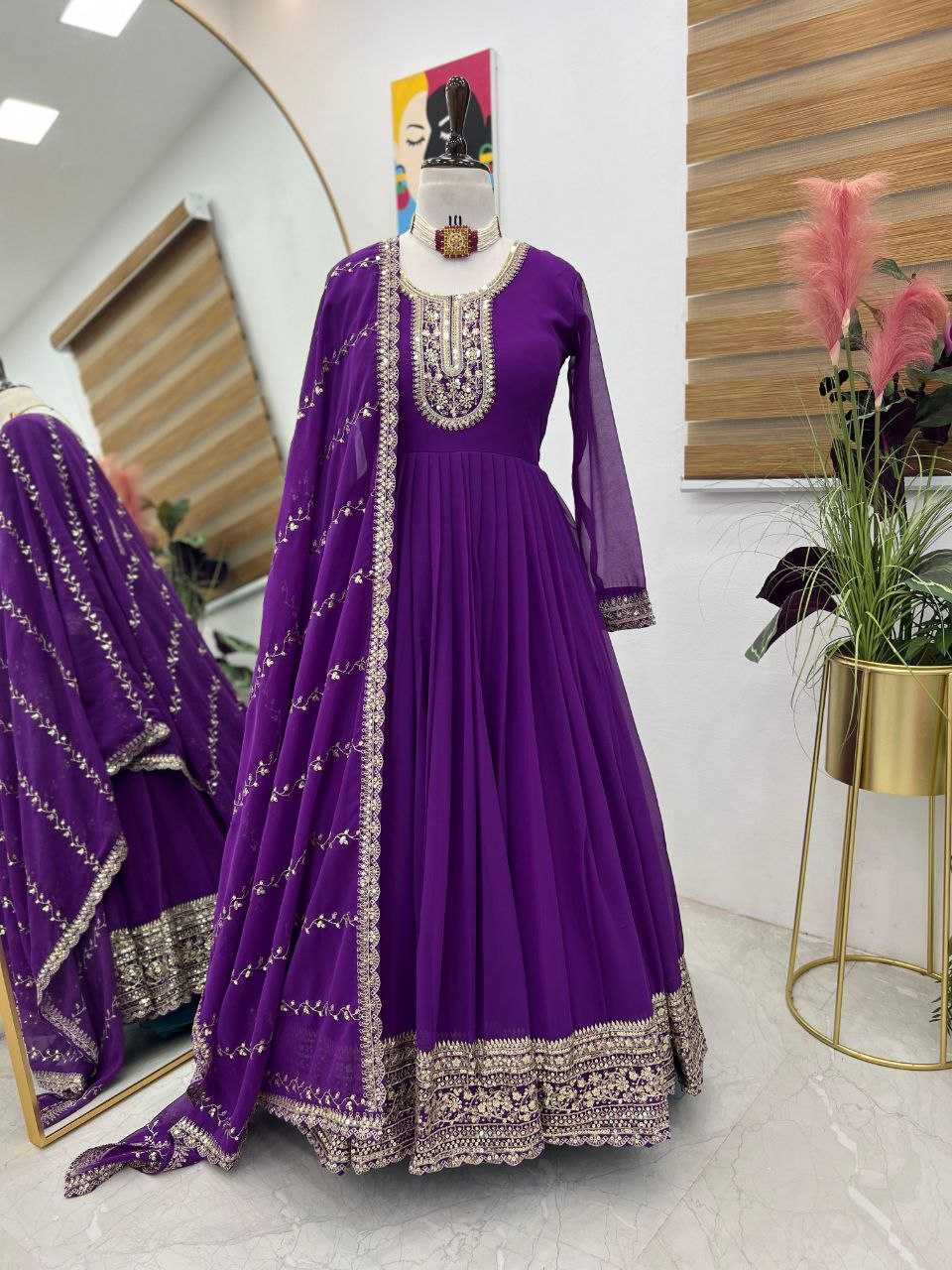 YNF FAUX GEORGETTE KESH158 5046 GOWNS WHOLESALE WEDDING EMBROIDERY PURPLE GEORGETTE GOWNS MANUFACTURER - Deevit International