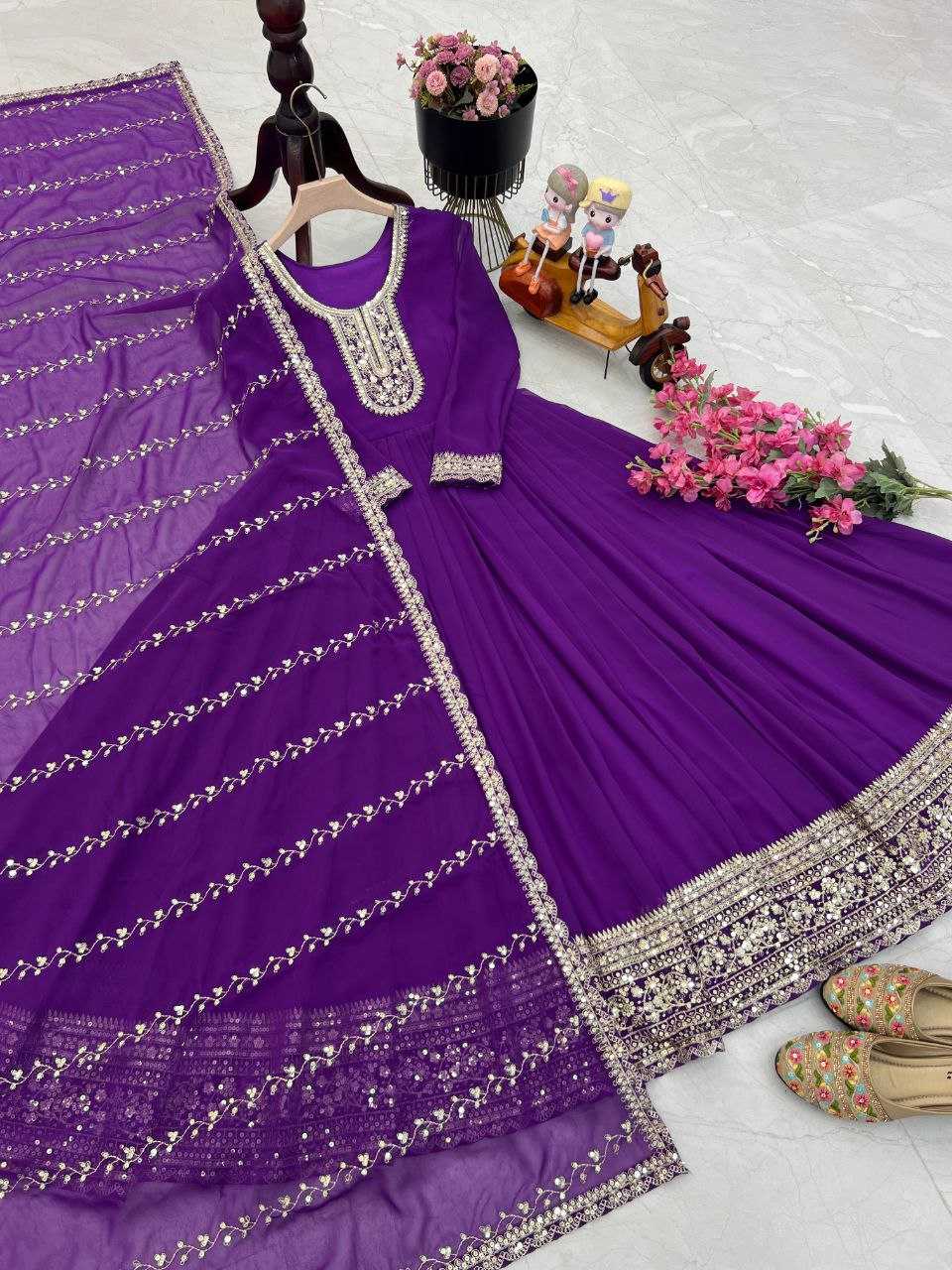 YNF FAUX GEORGETTE KESH158 5046 GOWNS WHOLESALE WEDDING EMBROIDERY PURPLE GEORGETTE GOWNS MANUFACTURER - Deevit International