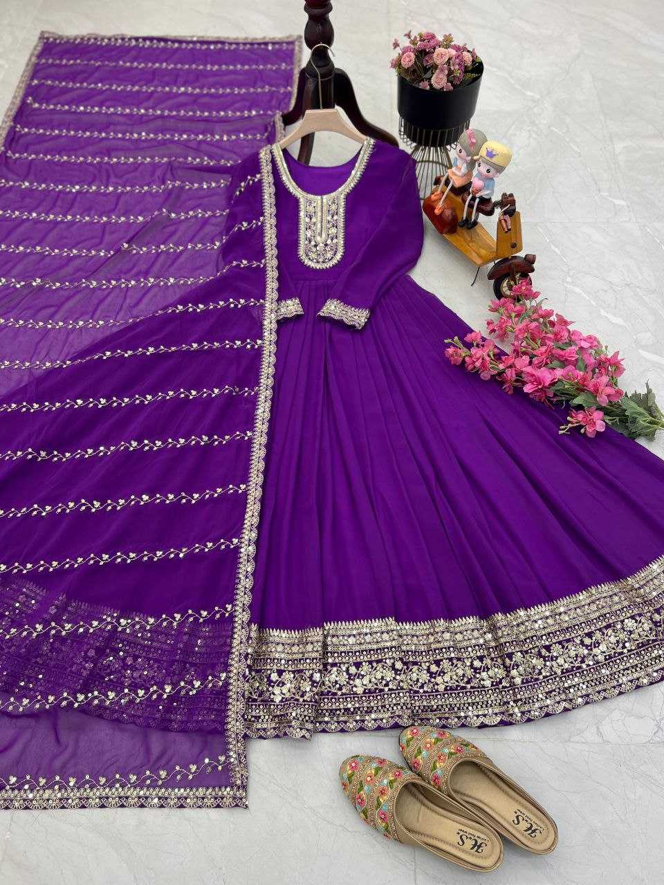 YNF FAUX GEORGETTE KESH158 5046 GOWNS WHOLESALE WEDDING EMBROIDERY PURPLE GEORGETTE GOWNS MANUFACTURER - Deevit International