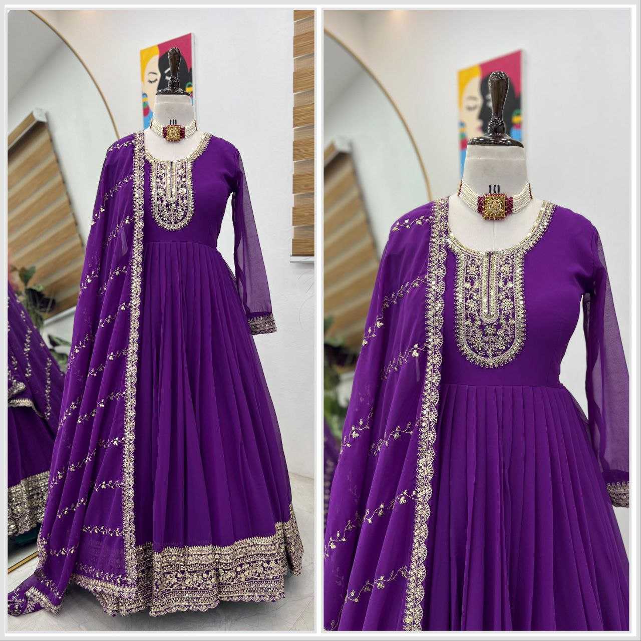 YNF FAUX GEORGETTE KESH158 5046 GOWNS WHOLESALE WEDDING EMBROIDERY PURPLE GEORGETTE GOWNS MANUFACTURER - Deevit International