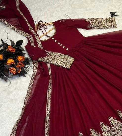 YNF FAUX GEORGETTE KESH158 6001 GOWNS WHOLESALE GEORGETTE EMBROIDERY ANARAKLI MAROON GOWNS MANUFACTURER - Deevit International