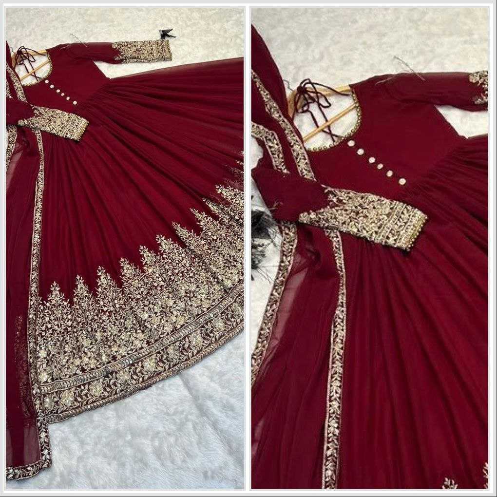 YNF FAUX GEORGETTE KESH158 6001 GOWNS WHOLESALE GEORGETTE EMBROIDERY ANARAKLI MAROON GOWNS MANUFACTURER - Deevit International