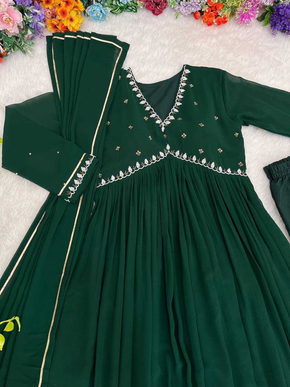 YNF FAUX GEORGETTE KESH240 409 GOWNS WHOLESALE GREEN ANARAKLI FULL SLEEVE WEDDING GEORGETTE GOWNS MANUFACTURER - Deevit International