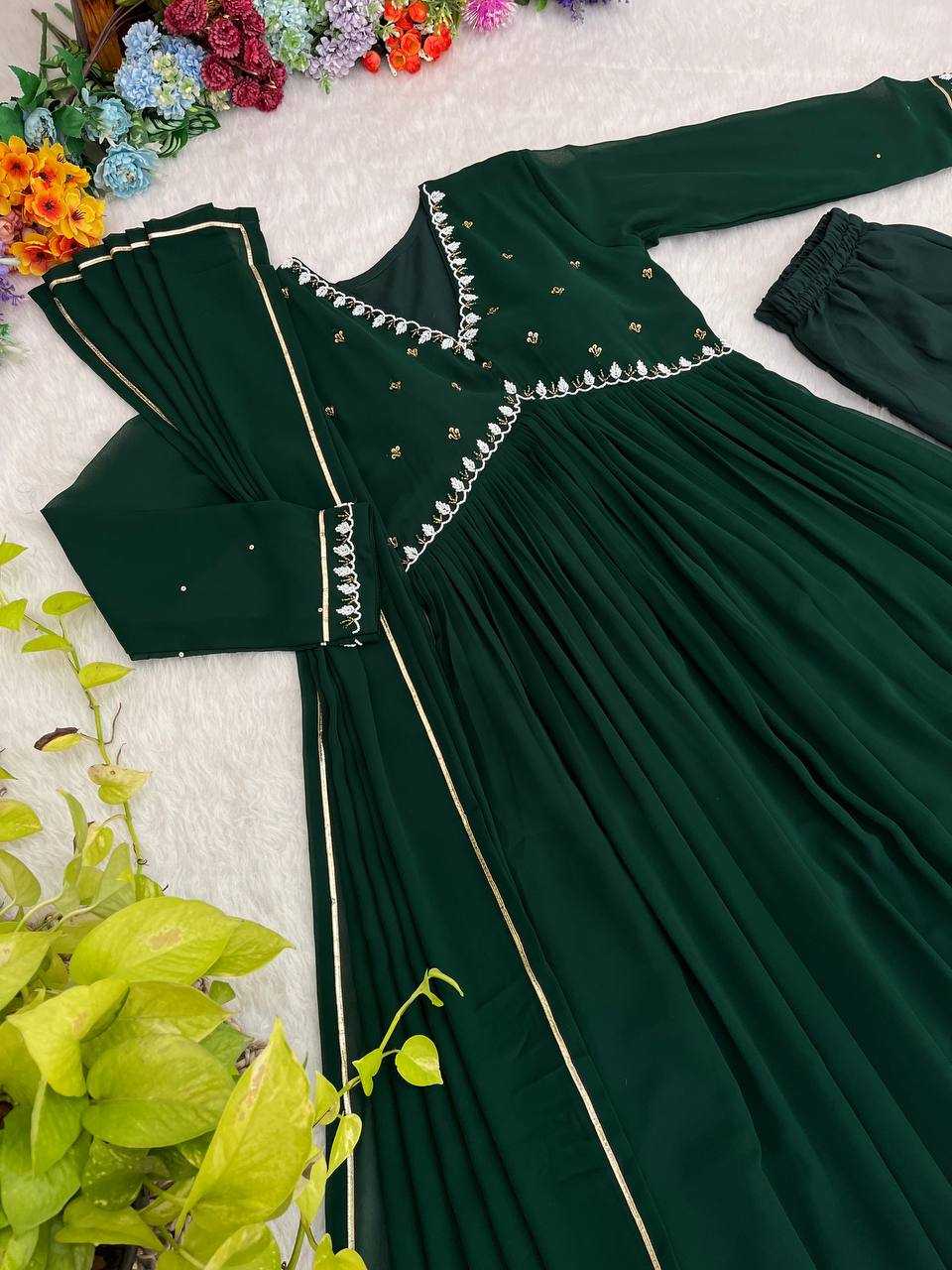 YNF FAUX GEORGETTE KESH240 409 GOWNS WHOLESALE GREEN ANARAKLI FULL SLEEVE WEDDING GEORGETTE GOWNS MANUFACTURER - Deevit International