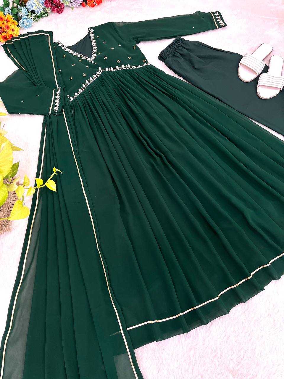 YNF FAUX GEORGETTE KESH240 409 GOWNS WHOLESALE GREEN ANARAKLI FULL SLEEVE WEDDING GEORGETTE GOWNS MANUFACTURER - Deevit International