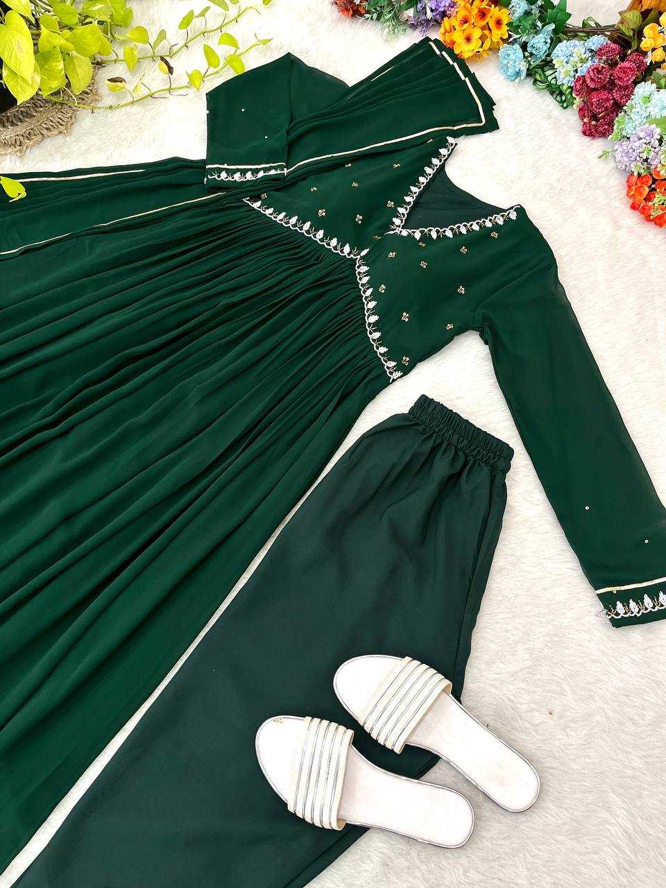 YNF FAUX GEORGETTE KESH240 409 GOWNS WHOLESALE GREEN ANARAKLI FULL SLEEVE WEDDING GEORGETTE GOWNS MANUFACTURER - Deevit International