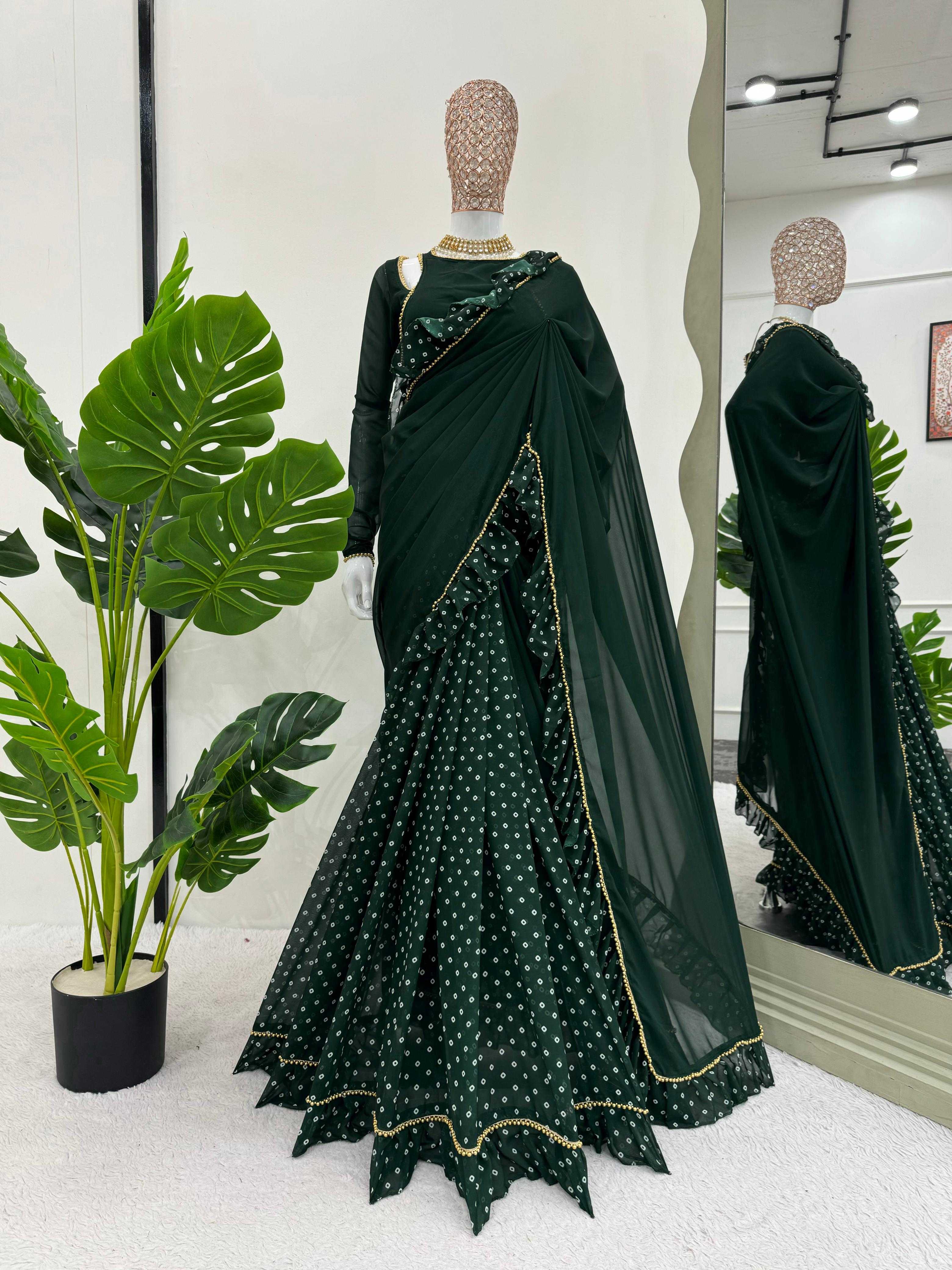 YNF FAUX GEORGETTE RIN133 520 SAREES WHOLESALE GEORGETTE PRINTED RUFFLE GREEN SAREES MANUFACTURER - Deevit International