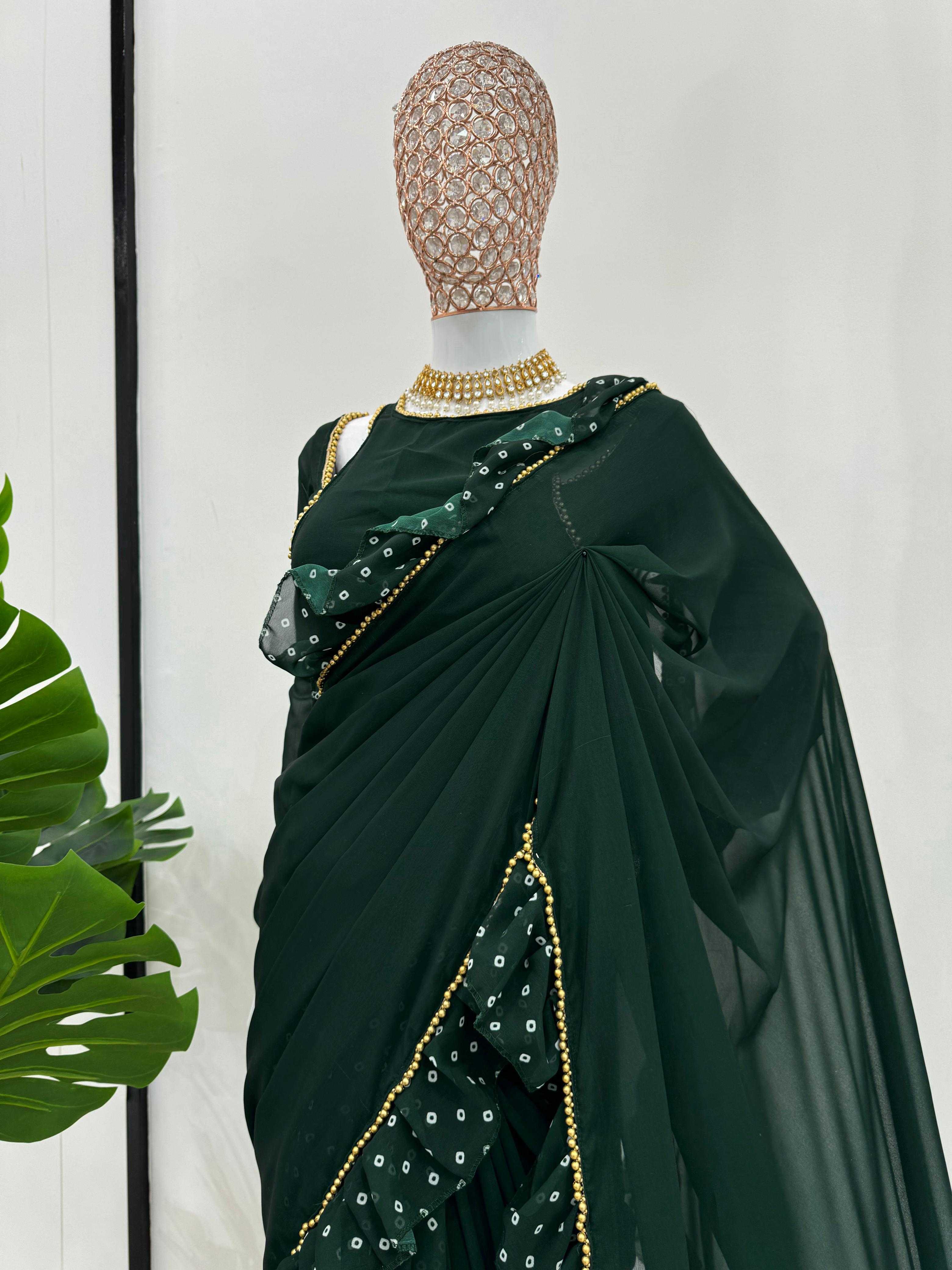 YNF FAUX GEORGETTE RIN133 520 SAREES WHOLESALE GEORGETTE PRINTED RUFFLE GREEN SAREES MANUFACTURER - Deevit International