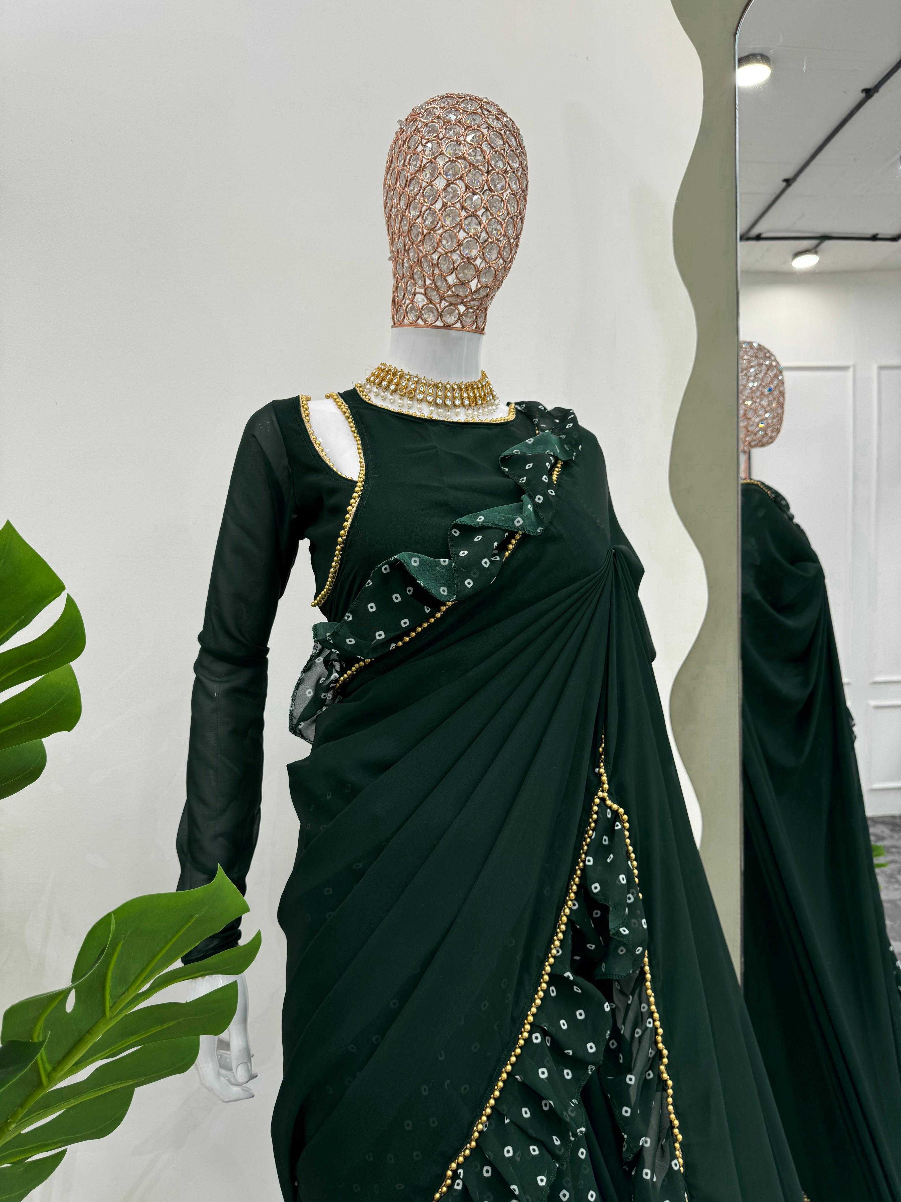 YNF FAUX GEORGETTE RIN133 520 SAREES WHOLESALE GEORGETTE PRINTED RUFFLE GREEN SAREES MANUFACTURER - Deevit International