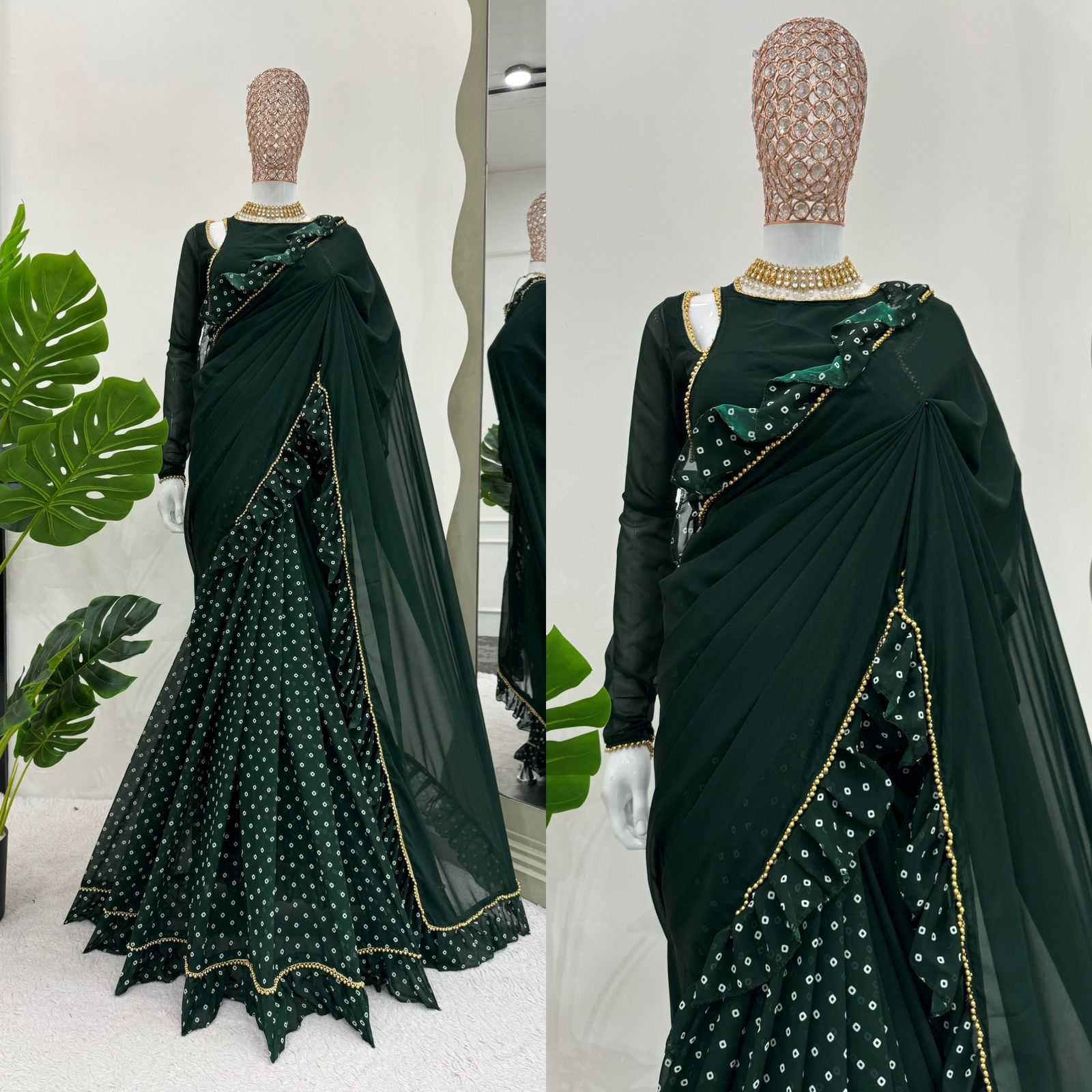 YNF FAUX GEORGETTE RIN133 520 SAREES WHOLESALE GEORGETTE PRINTED RUFFLE GREEN SAREES MANUFACTURER - Deevit International