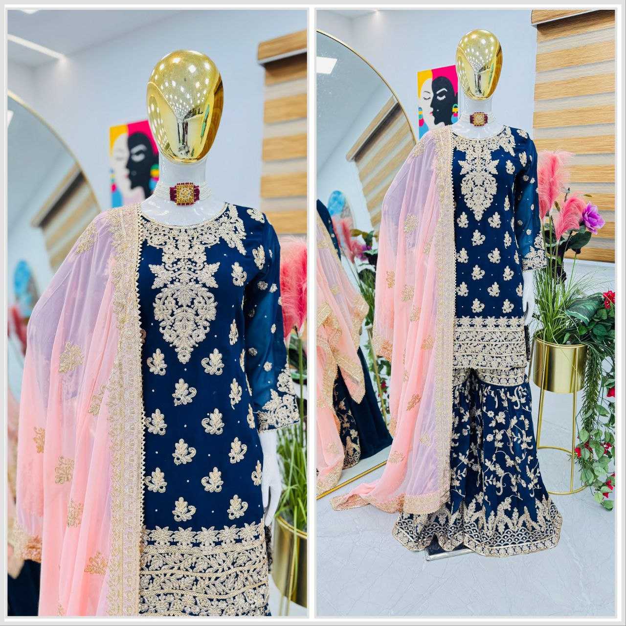 YNF FAUX GEORGETTEKESH158 100905 SUITS & DRESSES WHOLESALE SHARARA SALWAR EMBROIDERED GEORGETTE LADIES PAKISTANI WEDDING SUITS MANUFACTURER - Deevit International