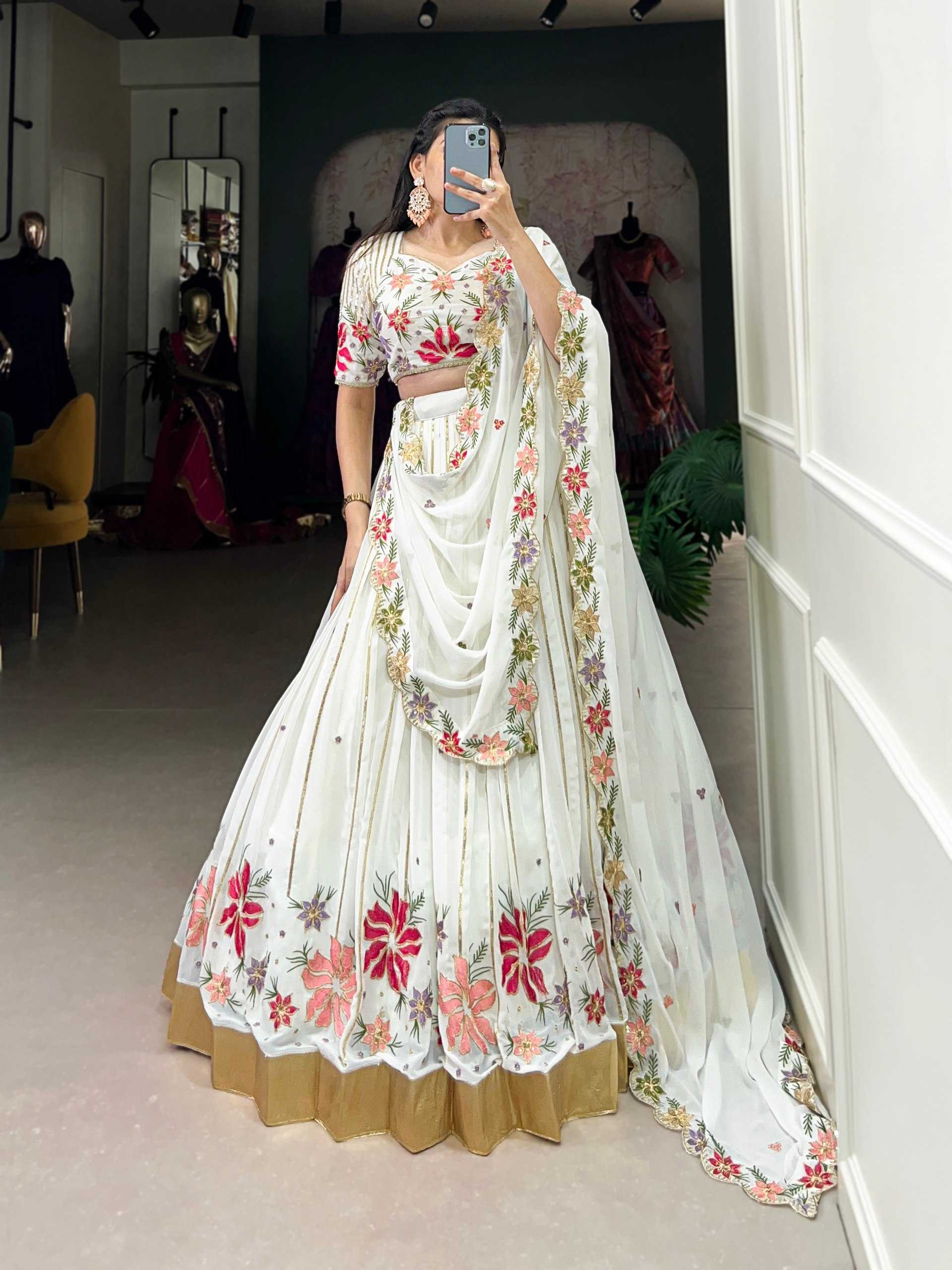 YNF GEOREGTTE KESH134 1413 LEHENGAS WHOLESALE EMBROIDERED GEOREGTTE SEQUNIS WHITE LEHENGAS MANUFACTURER - Deevit International