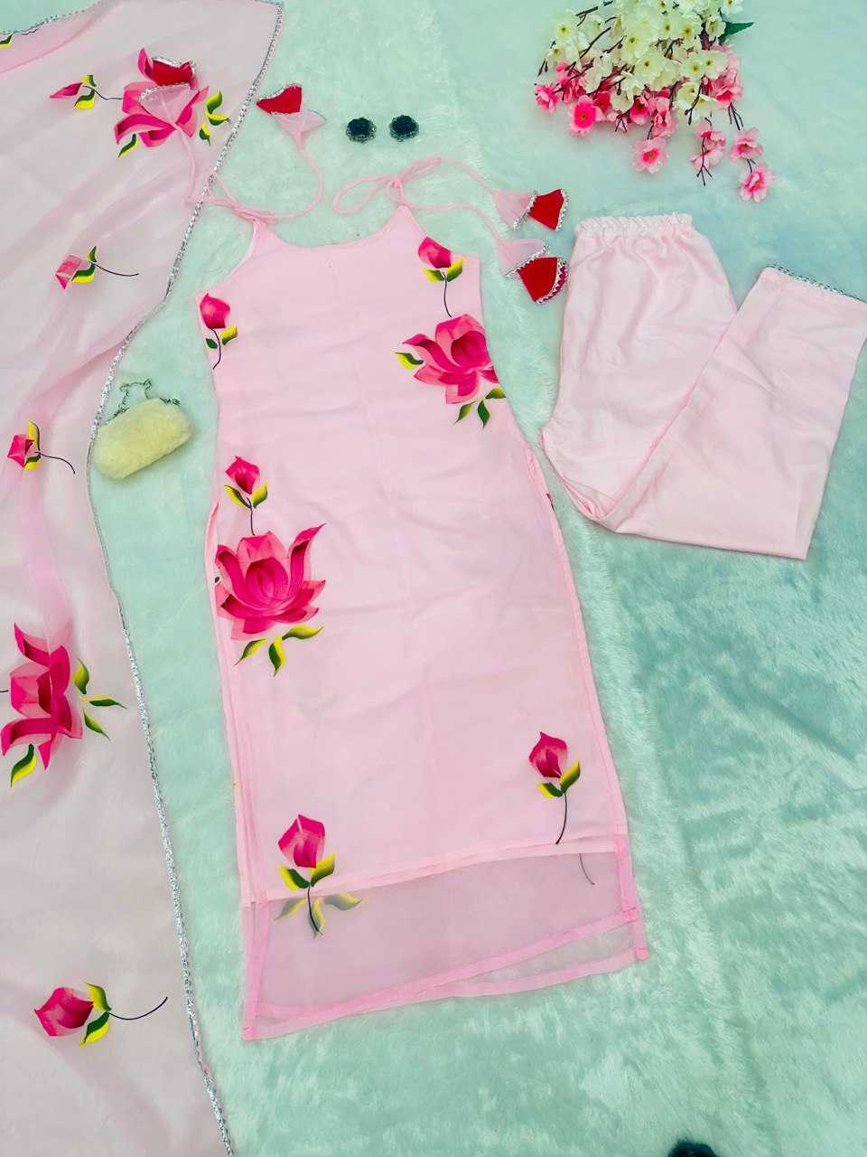 YNF GEORGETTE KESH154 259 SUITS & DRESSES WHOLESALE PRINTED GEORGETTE SLEEVELESS PINK SALWAR LONG KURTI SUITS MANUFACTURE - Deevit International