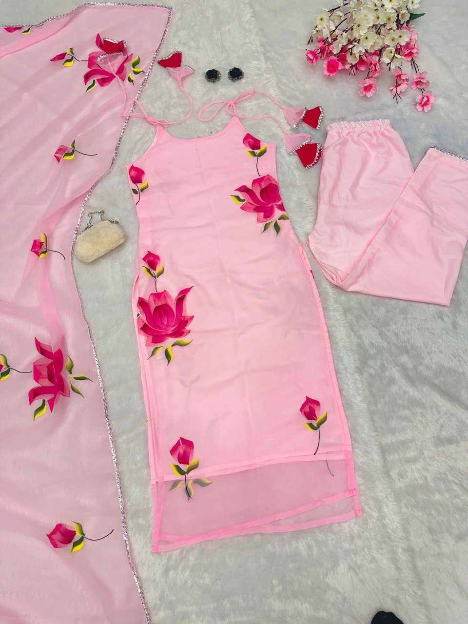 YNF GEORGETTE KESH154 259 SUITS & DRESSES WHOLESALE PRINTED GEORGETTE SLEEVELESS PINK SALWAR LONG KURTI SUITS MANUFACTURE - Deevit International