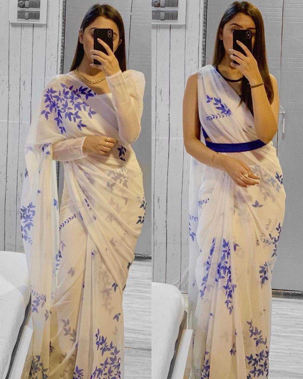 YNF GEORGETTE RIN119 4401 SAREES WHOLESALE GEORGETTE PRINTED WHITE SAREE WITH BELT SAREES MANUFACTURER - Deevit International