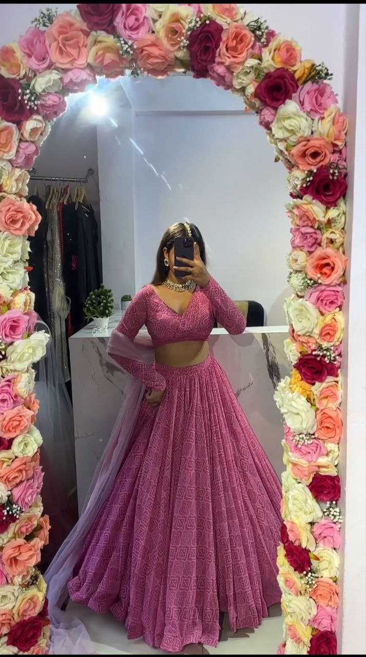 YNF GEORGETTE RIN121 1005 LEHENGAS WHOLESALE WEDDING PRINTED GEORGETTE PINK LEHENGAS MANUFACTURER - Deevit International