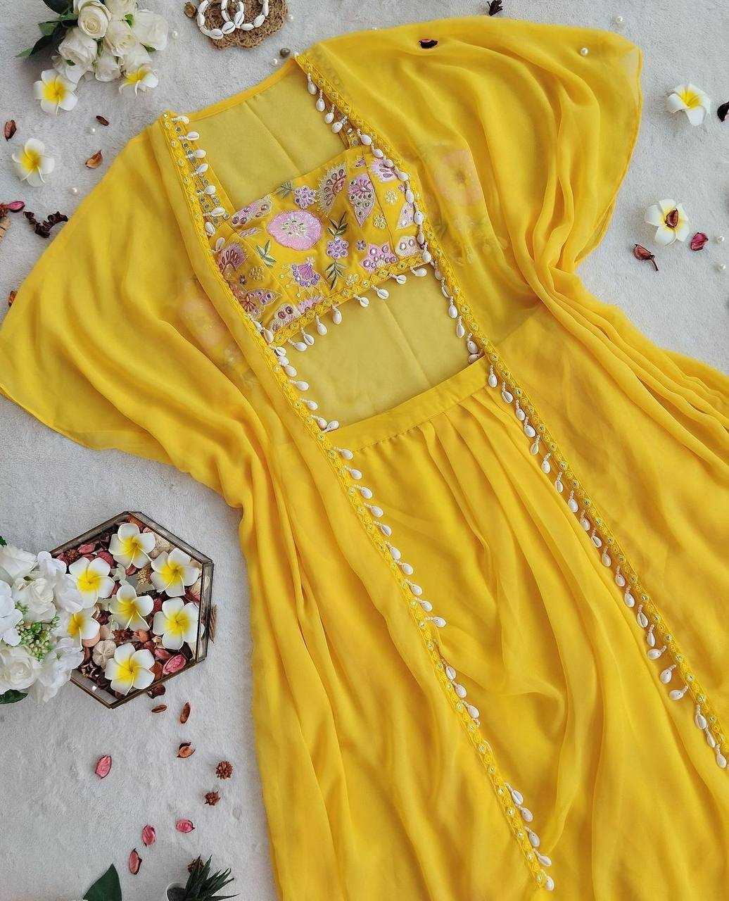 YNF GEORGETTE RIN181 1072 SUITS & DRESSES WHOLESALE INDO WESTERN GEORGETTE YELLOW HALDI SUITS MANUFACTURE - Deevit International