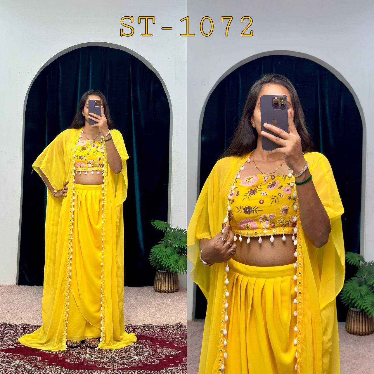 YNF GEORGETTE RIN181 1072 SUITS & DRESSES WHOLESALE INDO WESTERN GEORGETTE YELLOW HALDI SUITS MANUFACTURE - Deevit International