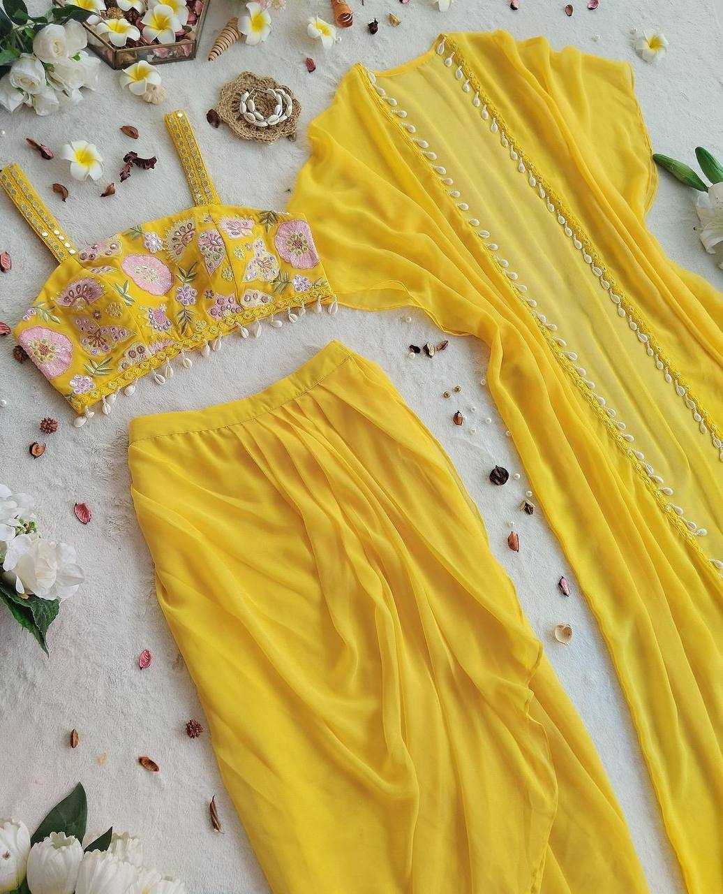 YNF GEORGETTE RIN181 1072 SUITS & DRESSES WHOLESALE INDO WESTERN GEORGETTE YELLOW HALDI SUITS MANUFACTURE - Deevit International