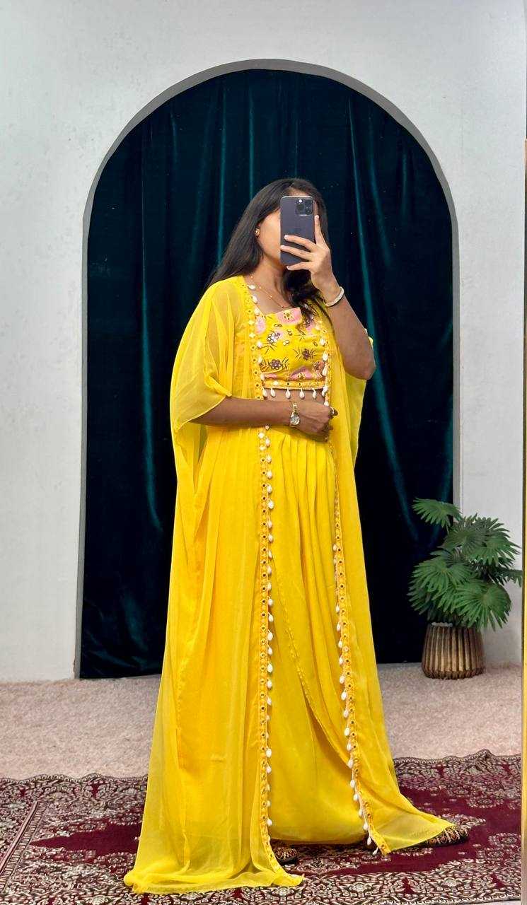 YNF GEORGETTE RIN181 1072 SUITS & DRESSES WHOLESALE INDO WESTERN GEORGETTE YELLOW HALDI SUITS MANUFACTURE - Deevit International