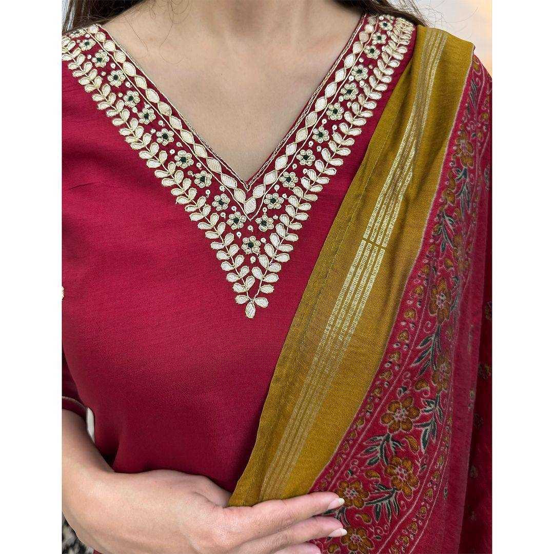 YNF HEAVY ROMAN SILK KESH211 LDY113 SUITS & DRESSES WHOLESALE LADIES SILK WEDDING MAROON SUITS MANUFACTURE - Deevit International