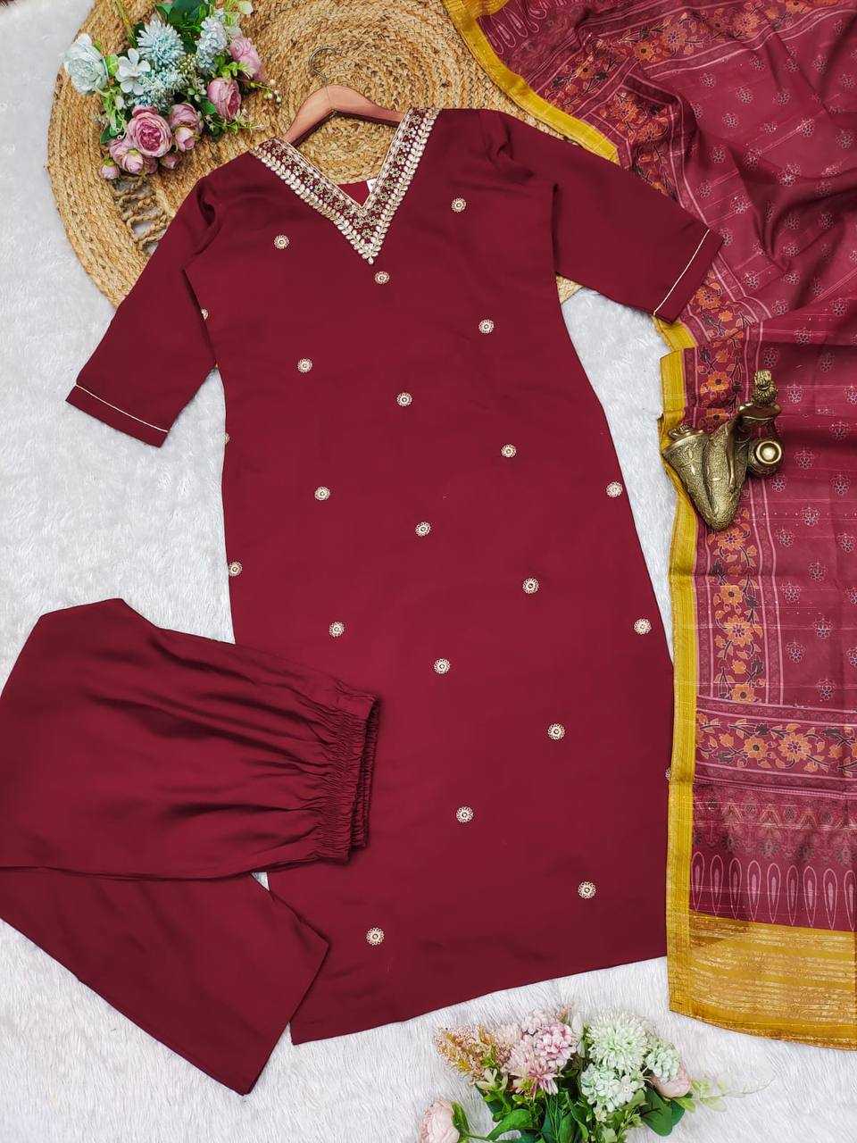 YNF HEAVY ROMAN SILK KESH211 LDY113 SUITS & DRESSES WHOLESALE LADIES SILK WEDDING MAROON SUITS MANUFACTURE - Deevit International