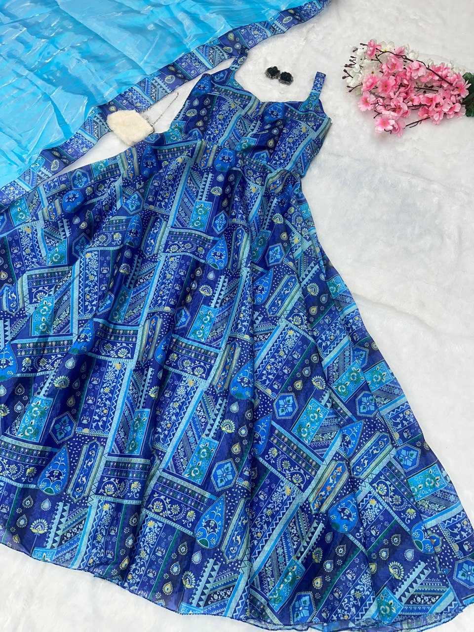 YNF JIMMY CHOO KESH154 264 GOWNS WHOLESALE PRINTED ANARKALI SILK SLEEVELESS GOWNS MANUFACTURER - Deevit International